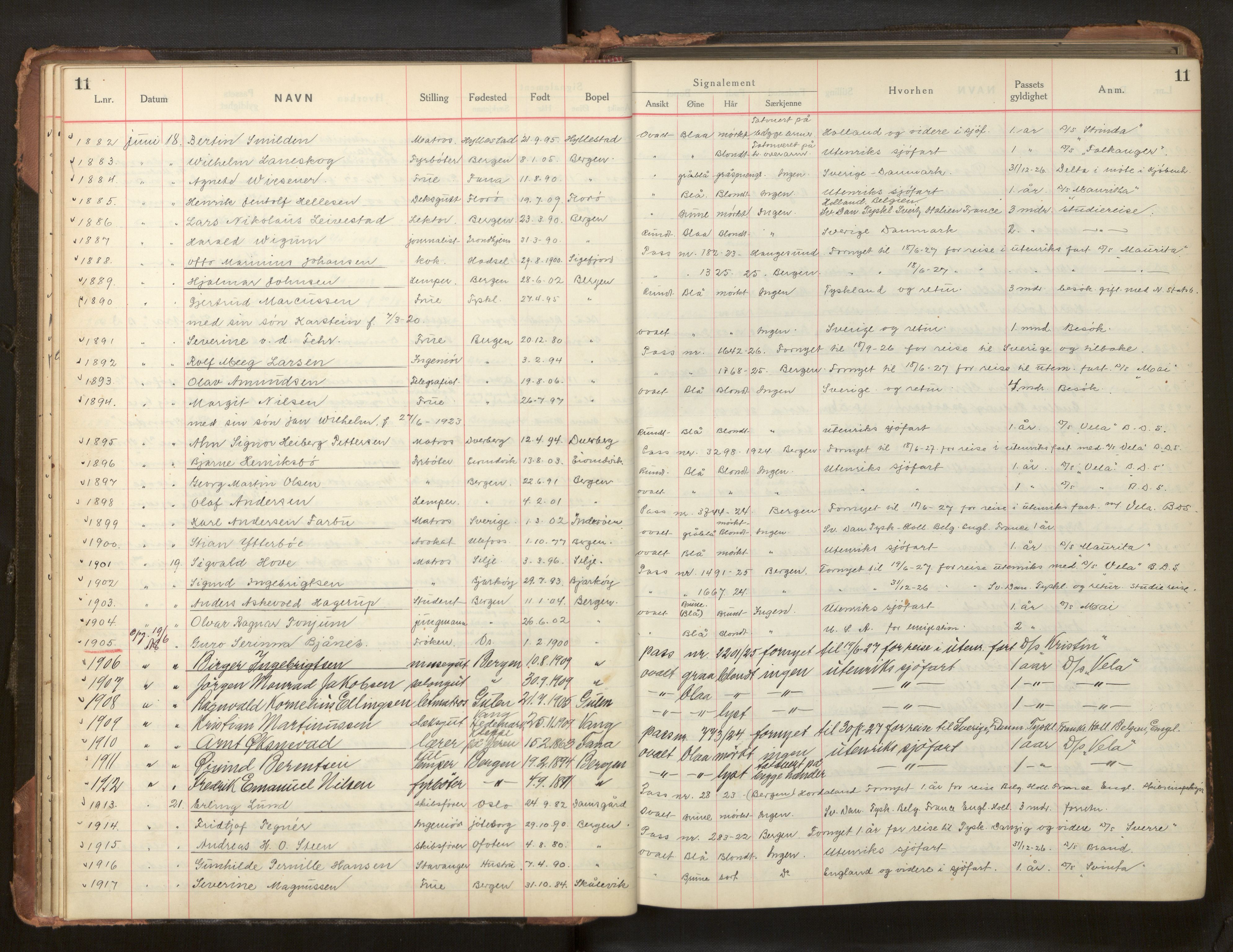 Bergen politikammer / politidistrikt, AV/SAB-A-60401/L/La/Lab/L0011: Passprotokoll, 1926-1928