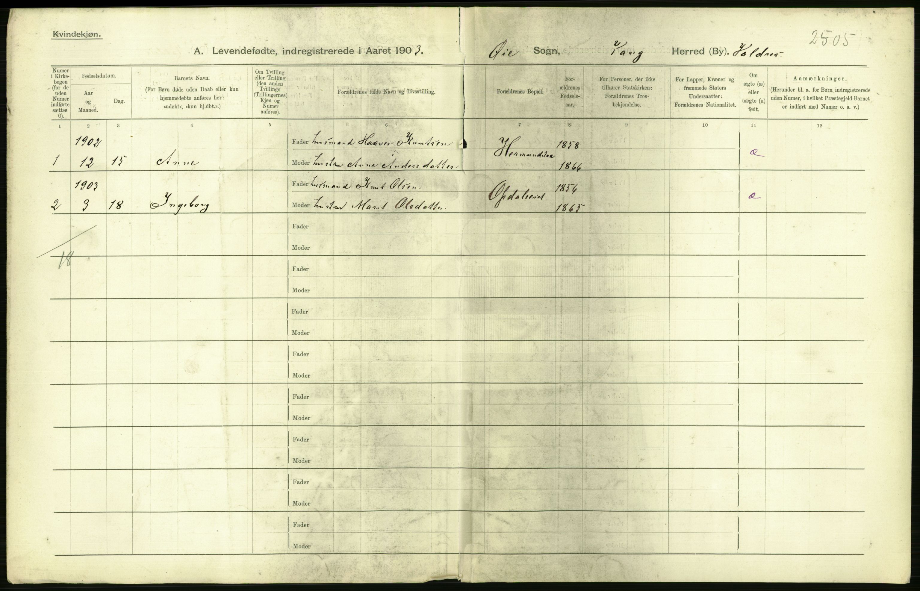 Statistisk sentralbyrå, Sosiodemografiske emner, Befolkning, AV/RA-S-2228/D/Df/Dfa/Dfaa/L0006: Kristians amt: Fødte, gifte, døde, 1903, p. 388