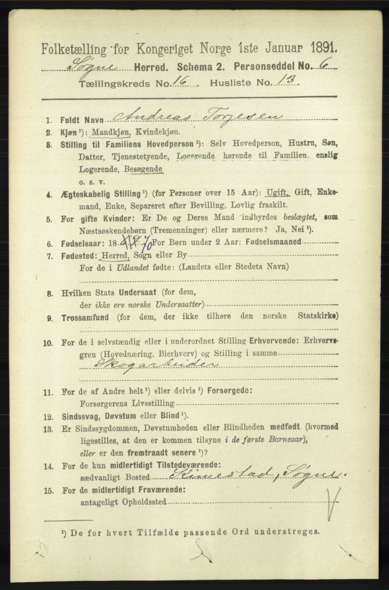 RA, 1891 census for 1018 Søgne, 1891, p. 4462