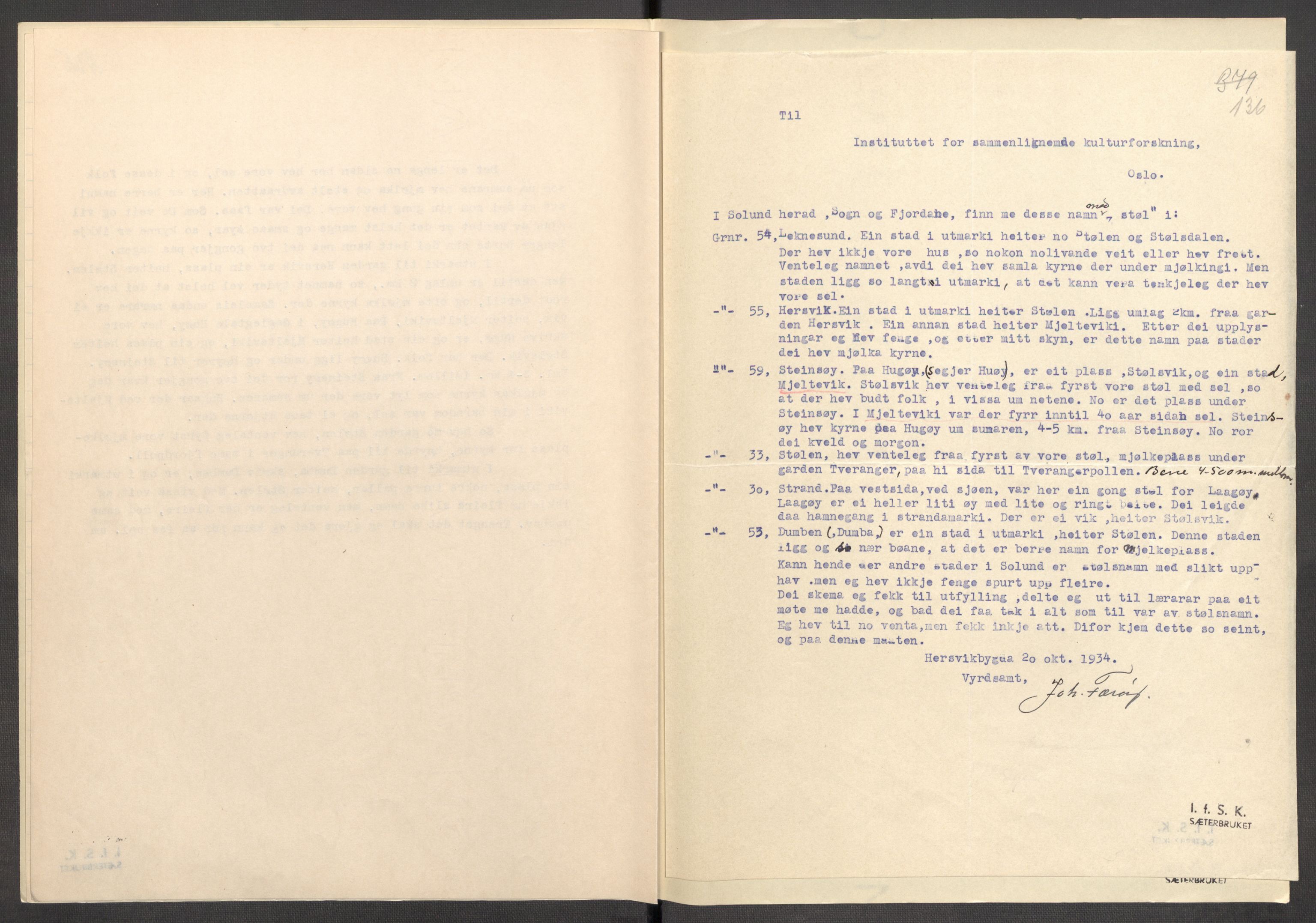 Instituttet for sammenlignende kulturforskning, AV/RA-PA-0424/F/Fc/L0011/0002: Eske B11: / Sogn og Fjordane (perm XXIX), 1934-1937, p. 136