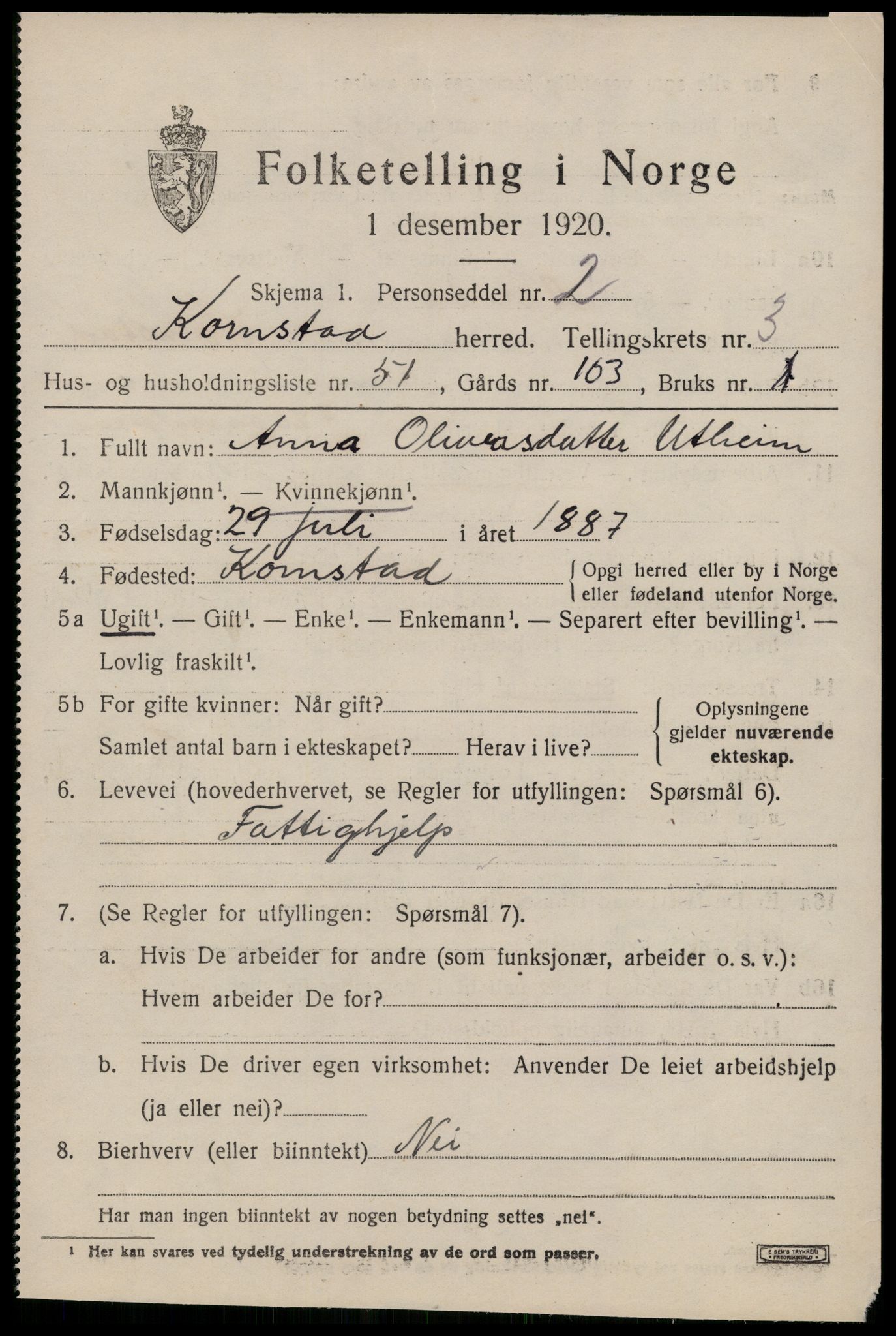 SAT, 1920 census for Kornstad, 1920, p. 2499