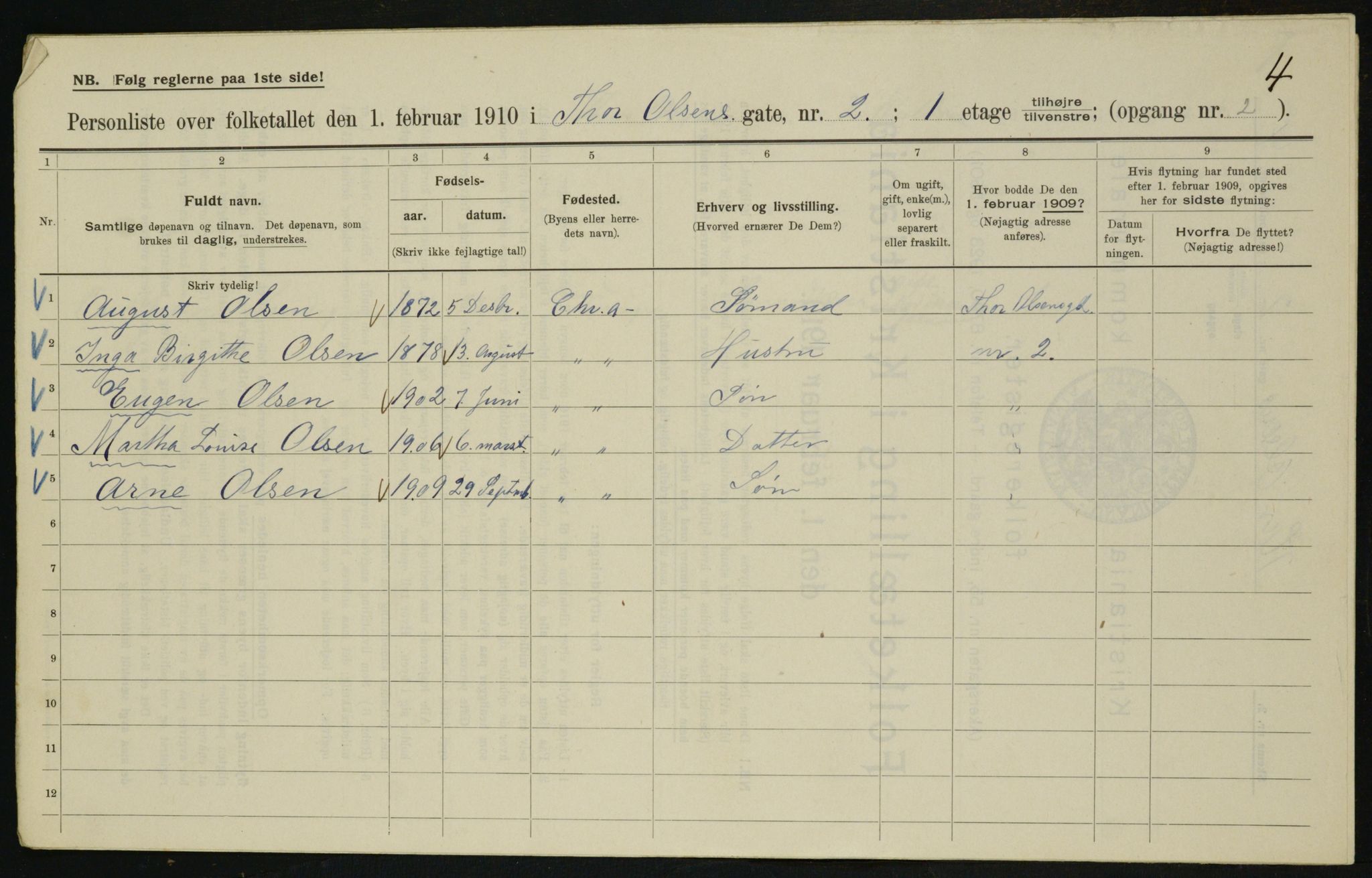 OBA, Municipal Census 1910 for Kristiania, 1910, p. 103699