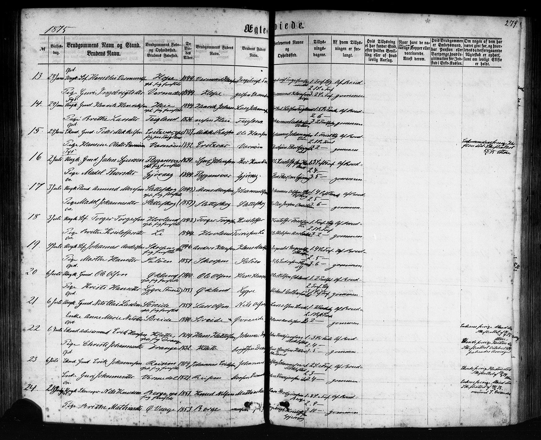 Tysnes sokneprestembete, SAB/A-78601/H/Haa: Parish register (official) no. A 12, 1872-1886, p. 279