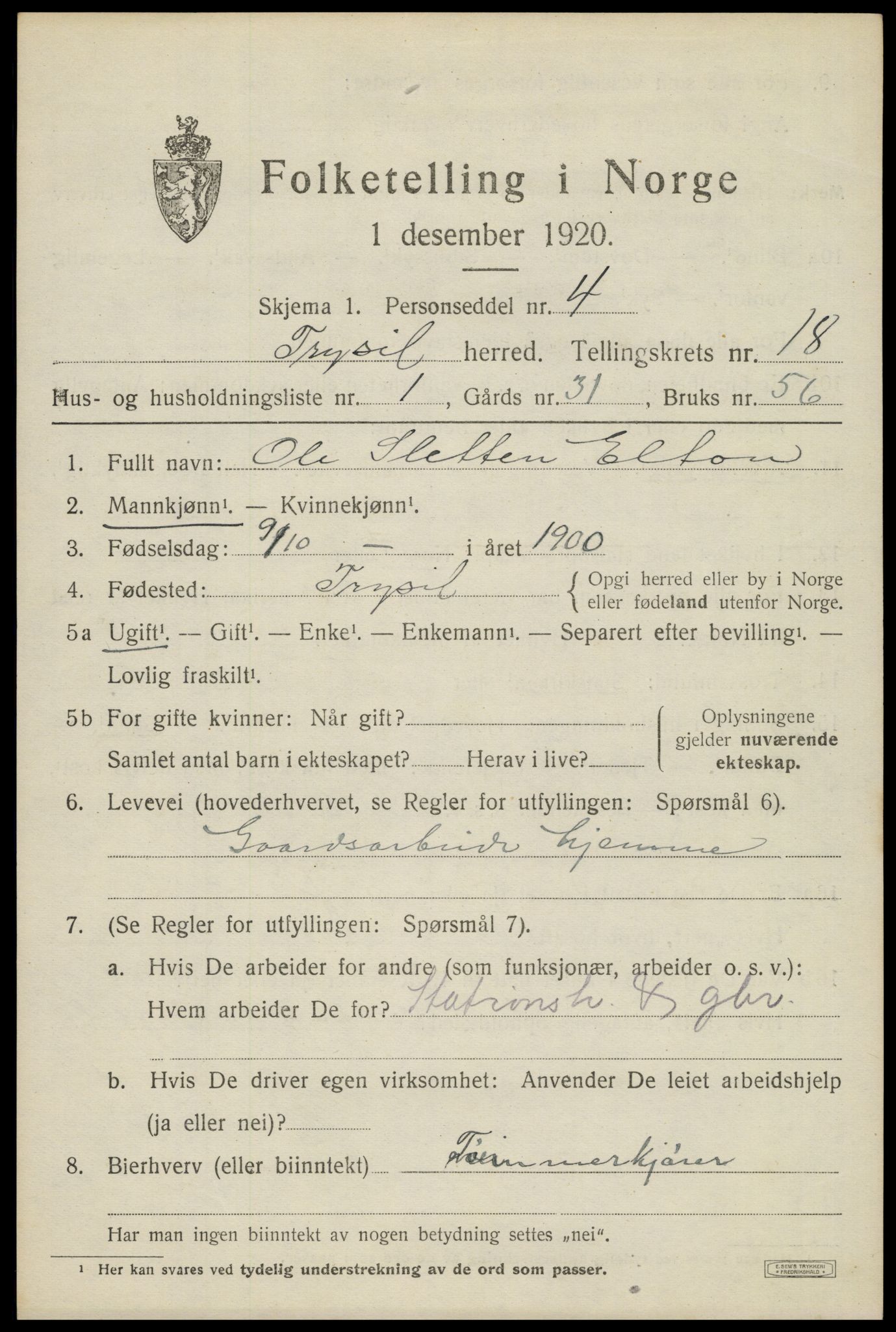 SAH, 1920 census for Trysil, 1920, p. 11909