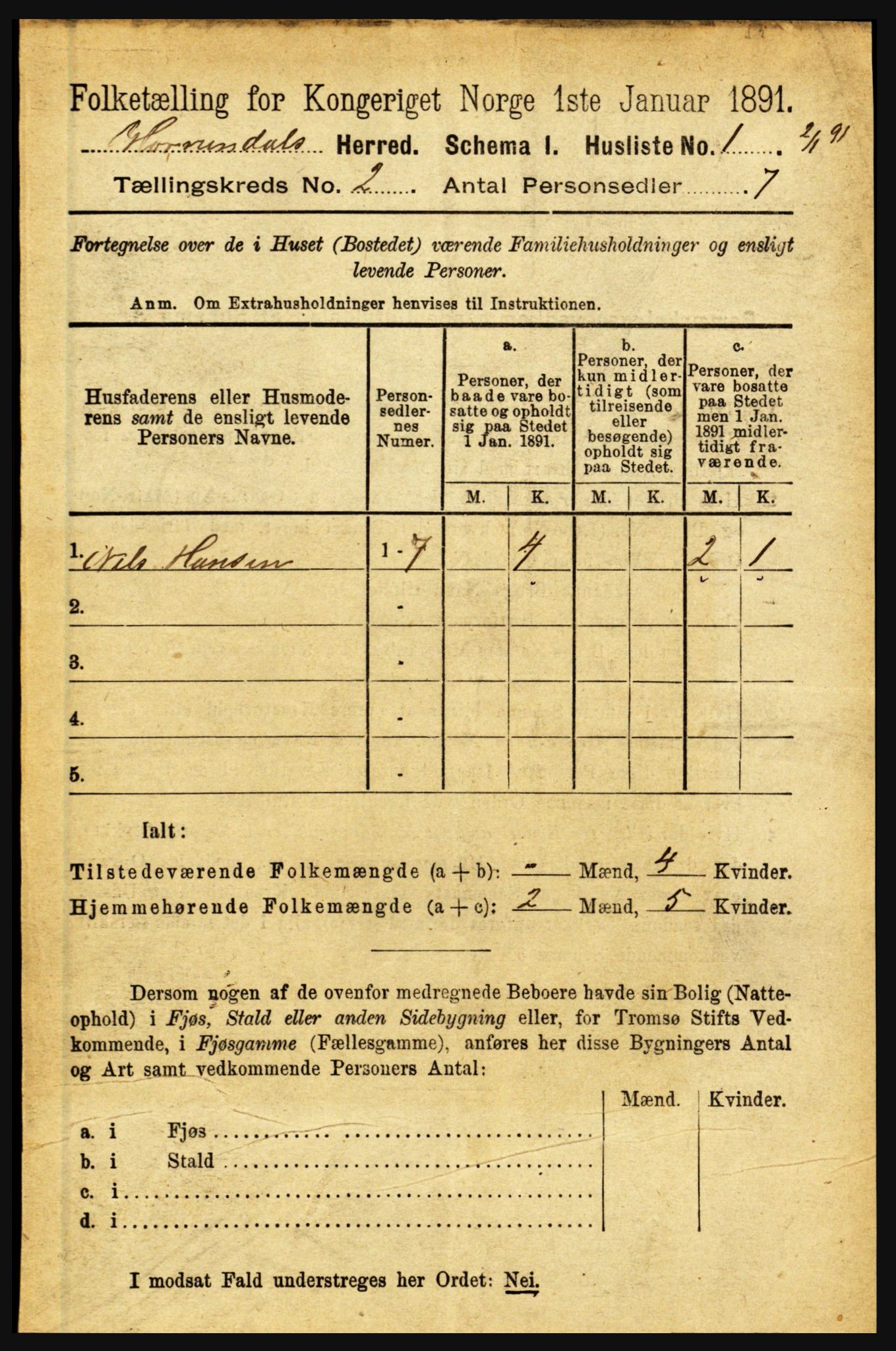 RA, 1891 census for 1444 Hornindal, 1891, p. 299