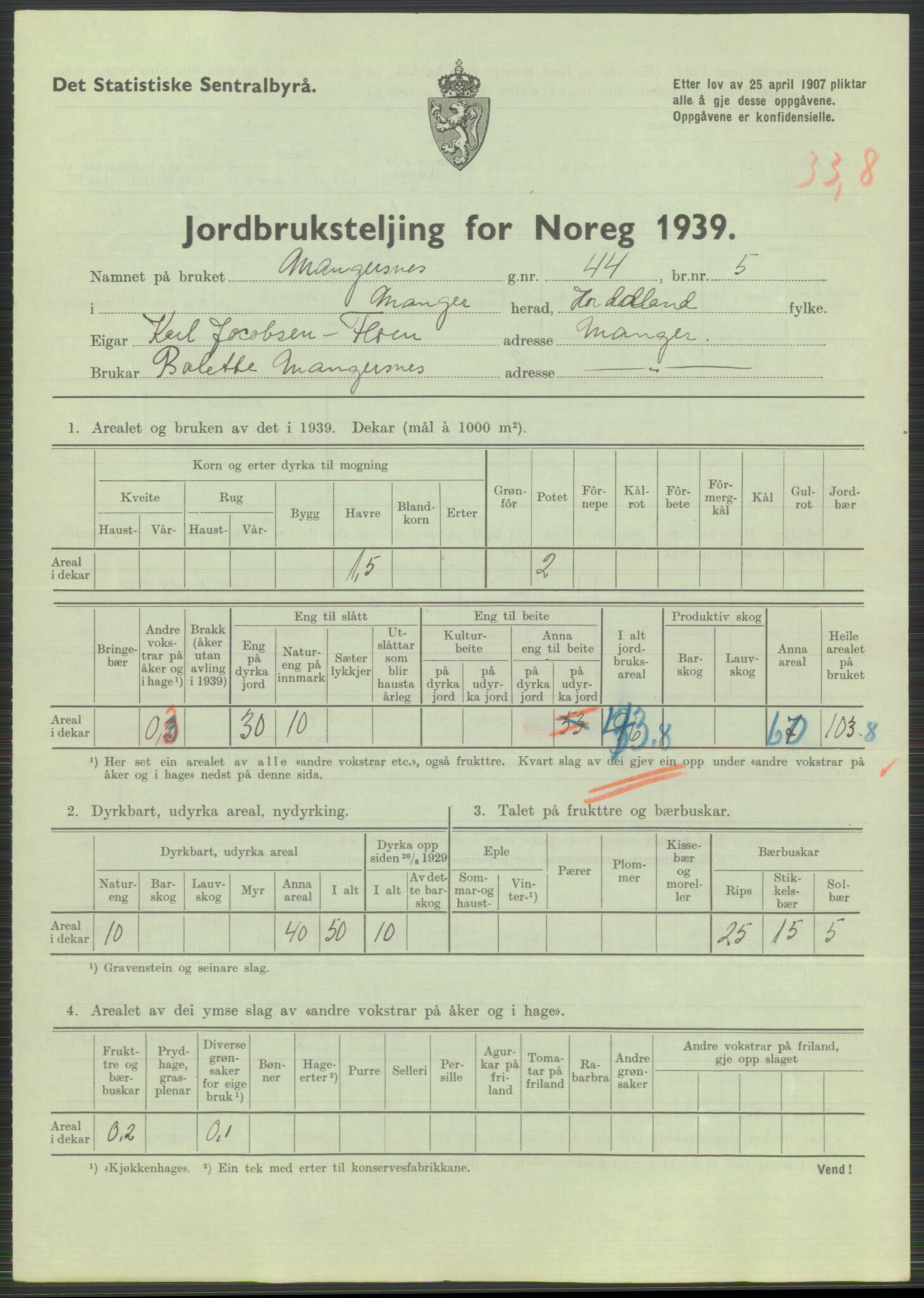 Statistisk sentralbyrå, Næringsøkonomiske emner, Jordbruk, skogbruk, jakt, fiske og fangst, AV/RA-S-2234/G/Gb/L0211: Hordaland: Herdla, Hjelme og Manger, 1939, p. 1639