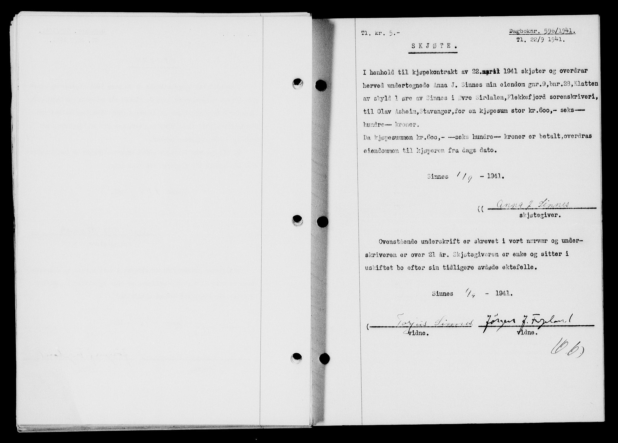 Flekkefjord sorenskriveri, SAK/1221-0001/G/Gb/Gba/L0057: Mortgage book no. A-5, 1941-1942, Diary no: : 596/1941