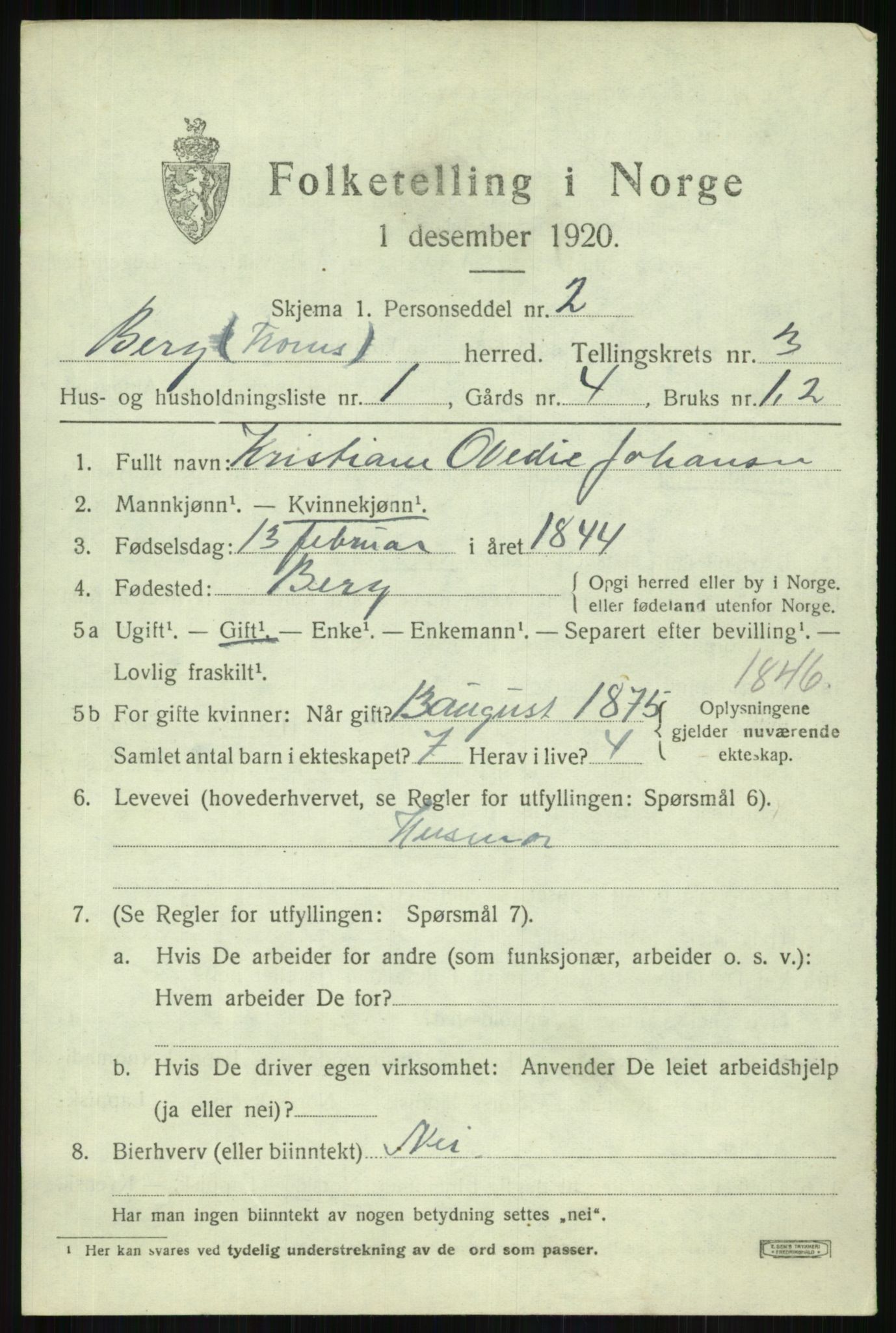 SATØ, 1920 census for Berg, 1920, p. 1232