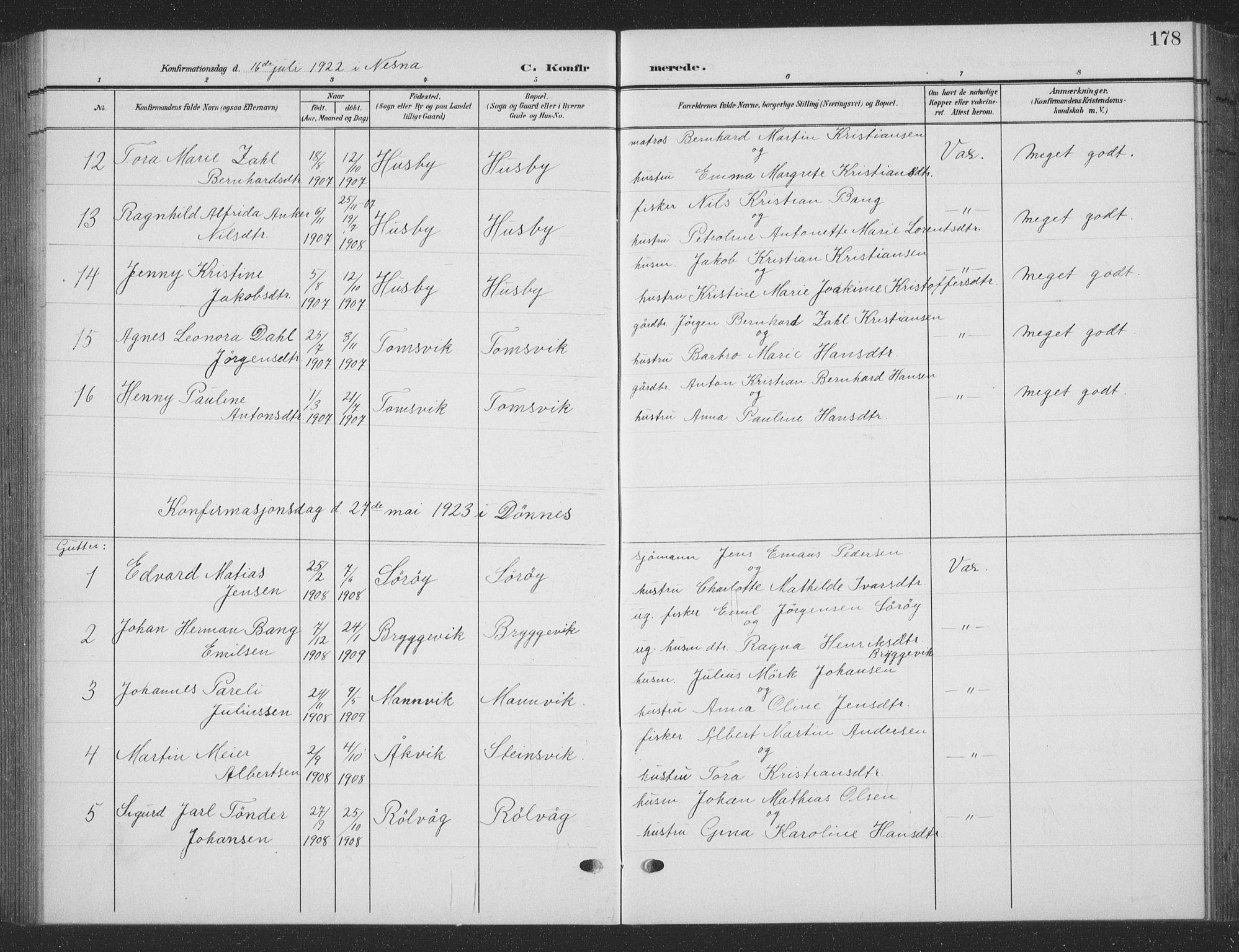 Ministerialprotokoller, klokkerbøker og fødselsregistre - Nordland, SAT/A-1459/835/L0533: Parish register (copy) no. 835C05, 1906-1939, p. 178