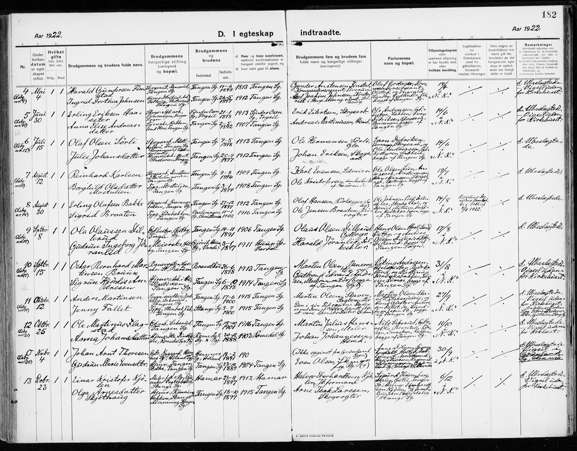 Stange prestekontor, AV/SAH-PREST-002/K/L0025: Parish register (official) no. 25, 1921-1945, p. 182