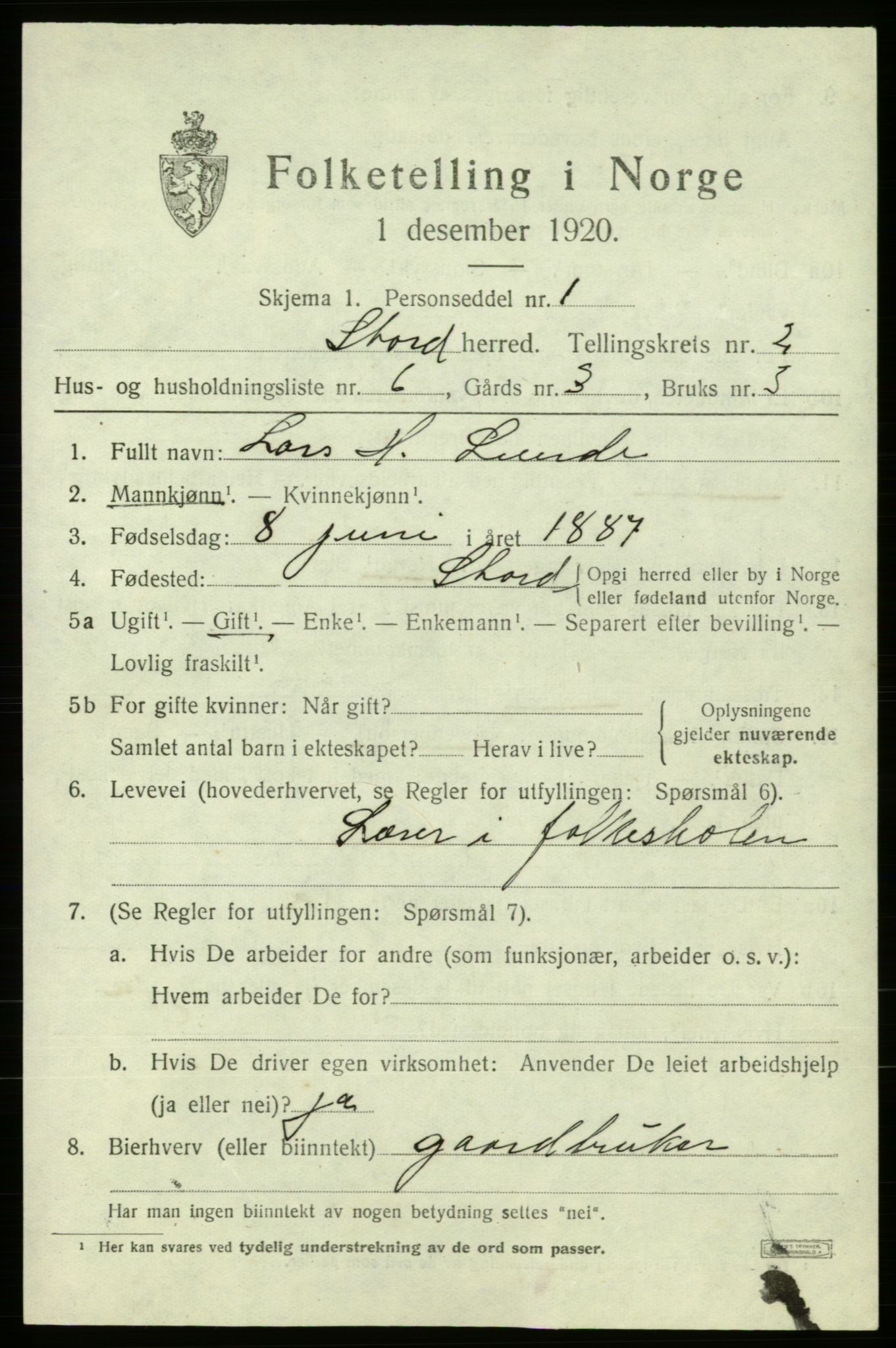 SAB, 1920 census for Stord, 1920, p. 1605