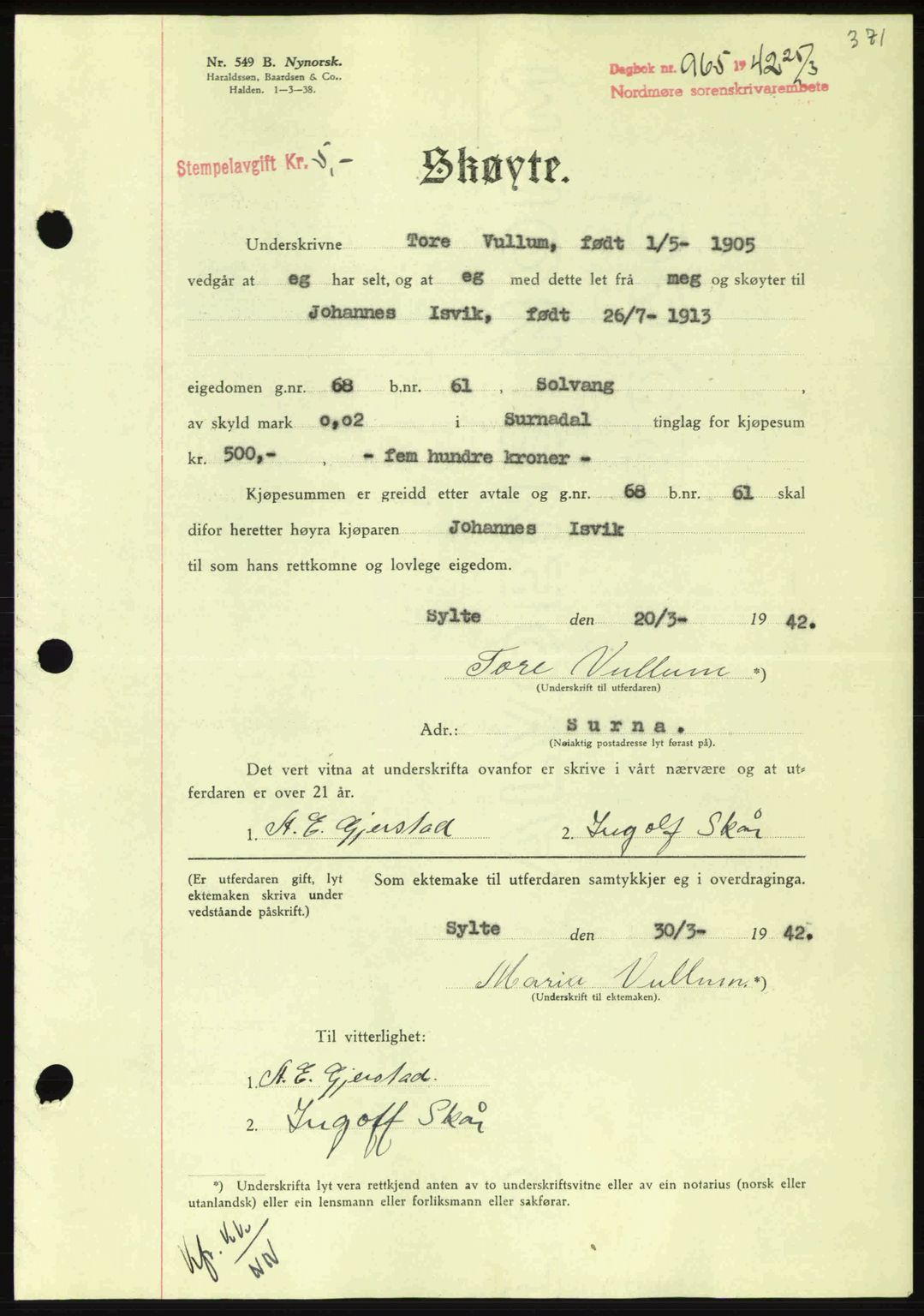 Nordmøre sorenskriveri, AV/SAT-A-4132/1/2/2Ca: Mortgage book no. A92, 1942-1942, Diary no: : 965/1942