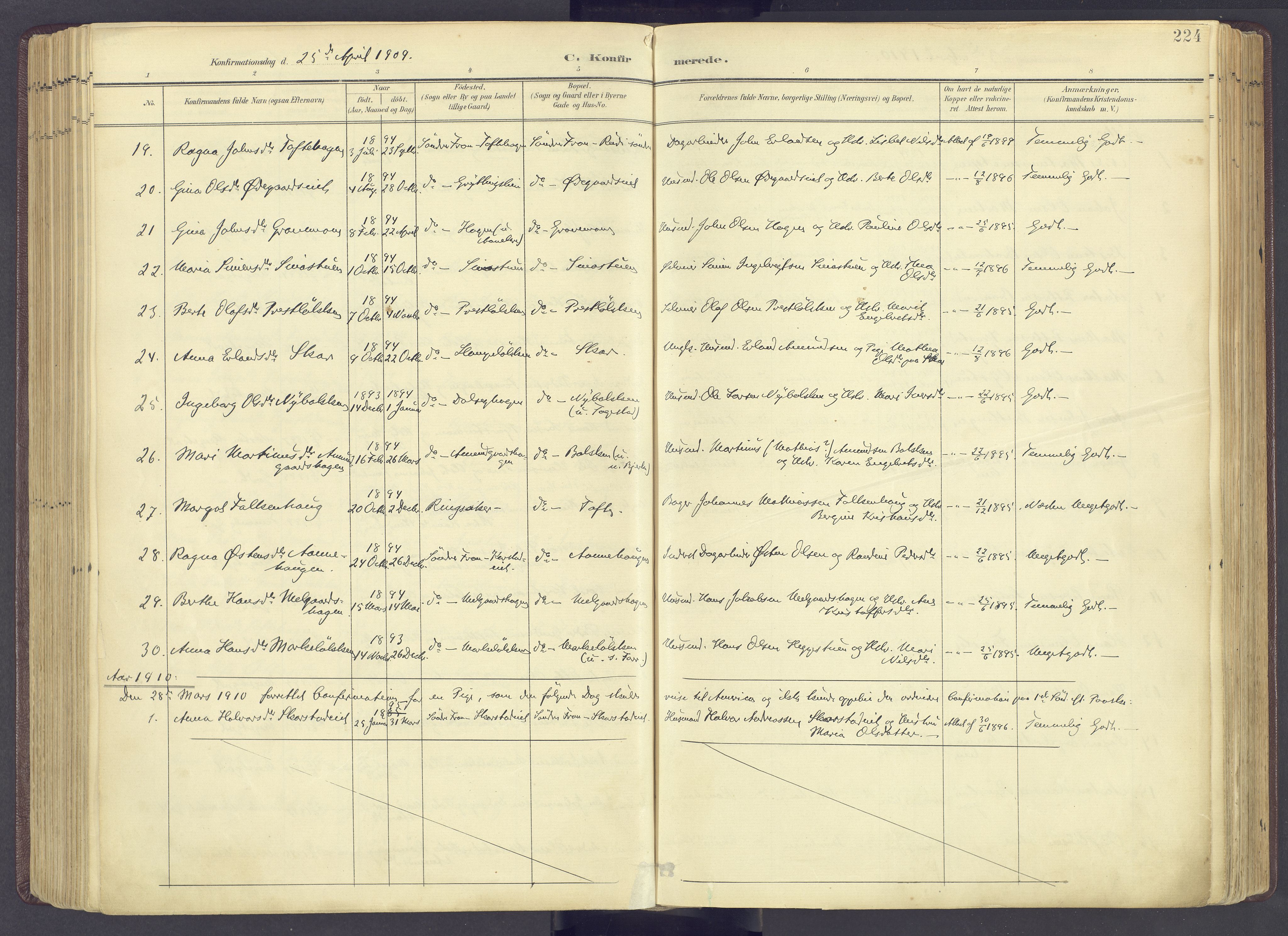 Sør-Fron prestekontor, AV/SAH-PREST-010/H/Ha/Haa/L0004: Parish register (official) no. 4, 1898-1919, p. 224