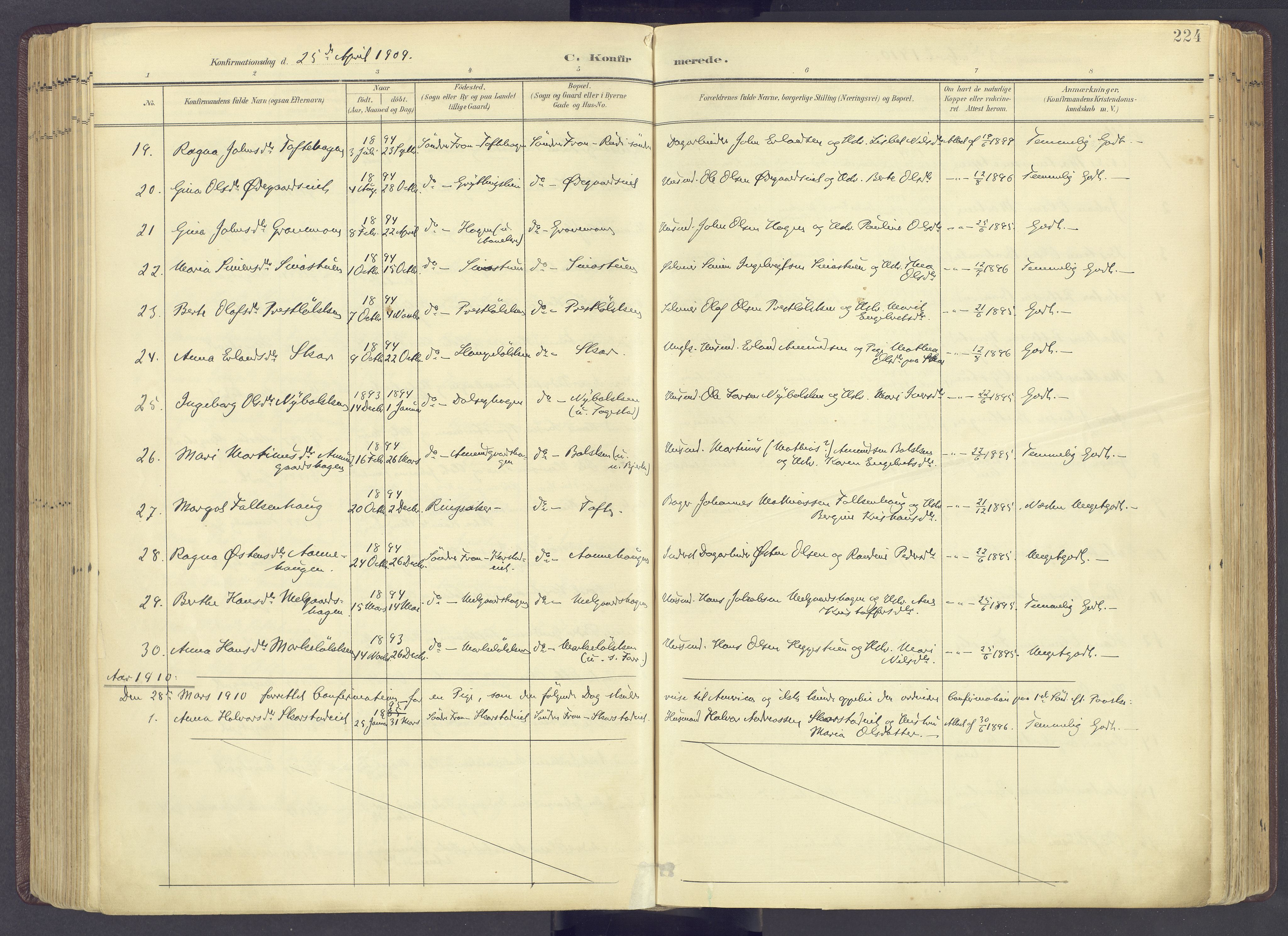 Sør-Fron prestekontor, SAH/PREST-010/H/Ha/Haa/L0004: Parish register (official) no. 4, 1898-1919, p. 224