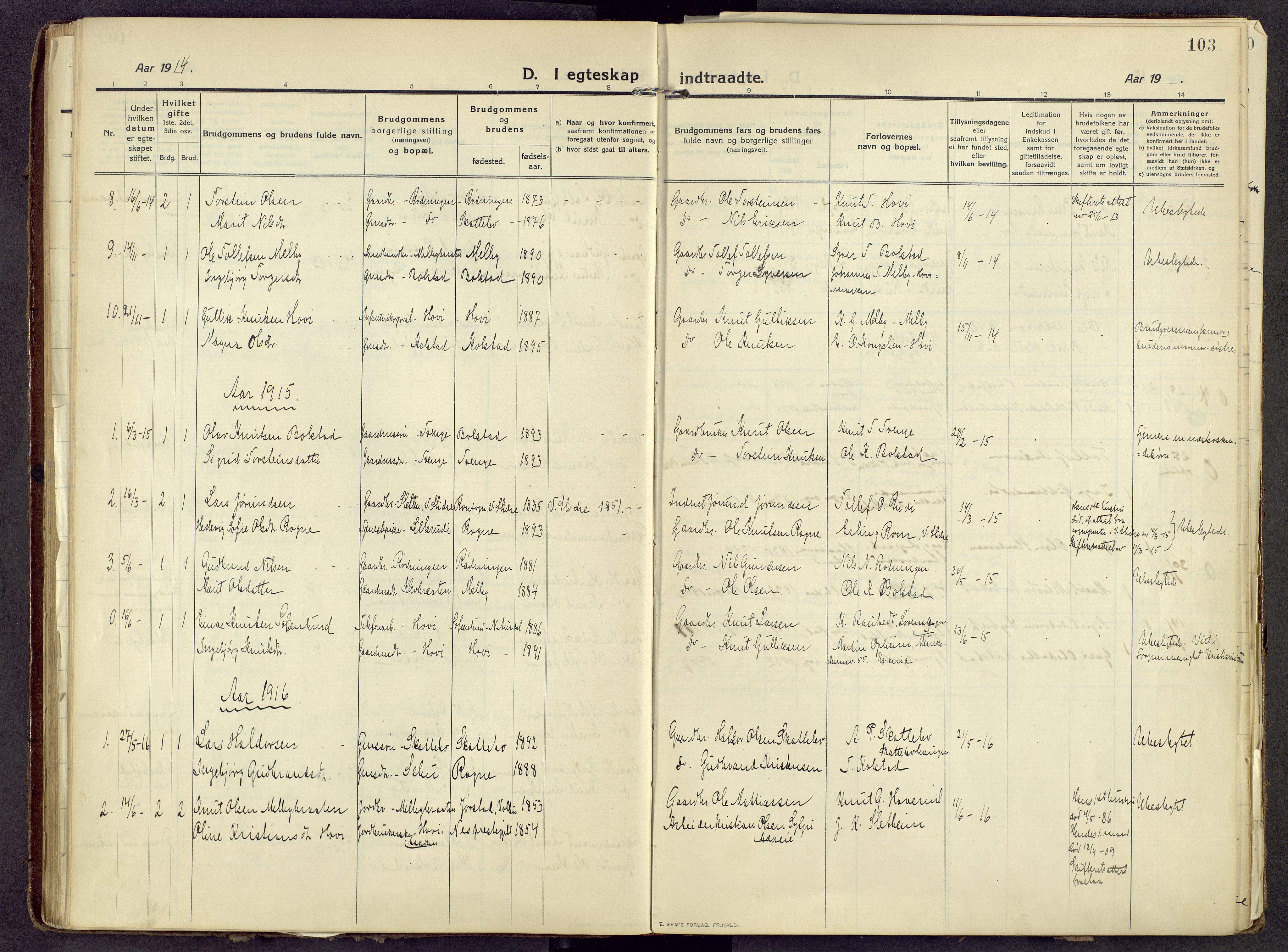 Øystre Slidre prestekontor, AV/SAH-PREST-138/H/Ha/Haa/L0006: Parish register (official) no. 6, 1911-1931, p. 103