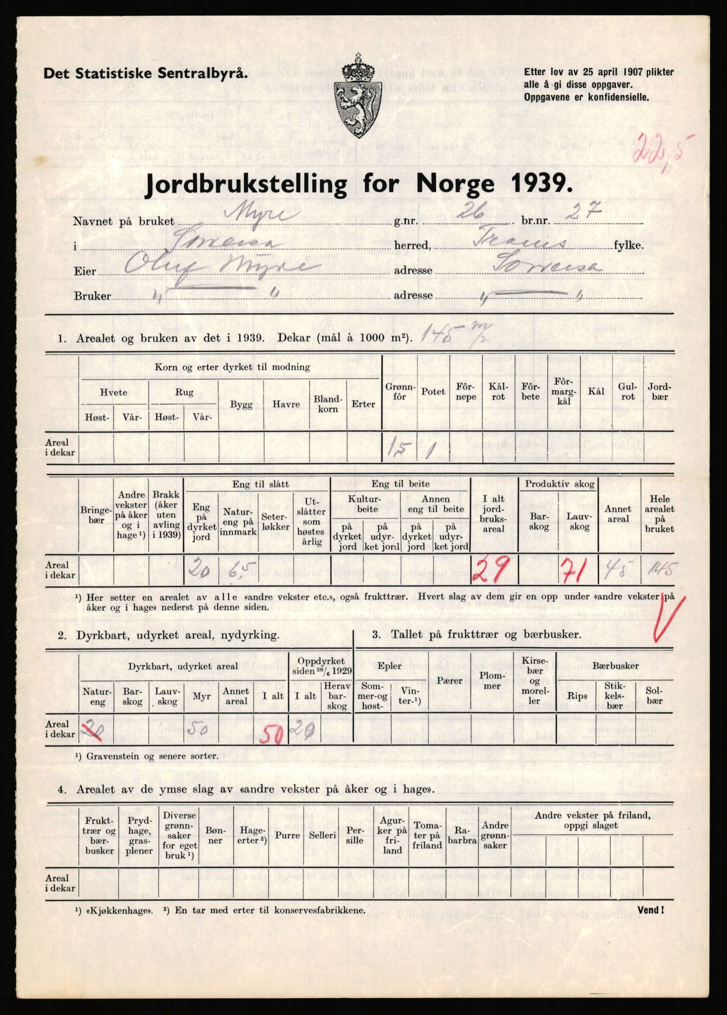 Statistisk sentralbyrå, Næringsøkonomiske emner, Jordbruk, skogbruk, jakt, fiske og fangst, AV/RA-S-2234/G/Gb/L0341: Troms: Sørreisa og Tranøy, 1939, p. 384