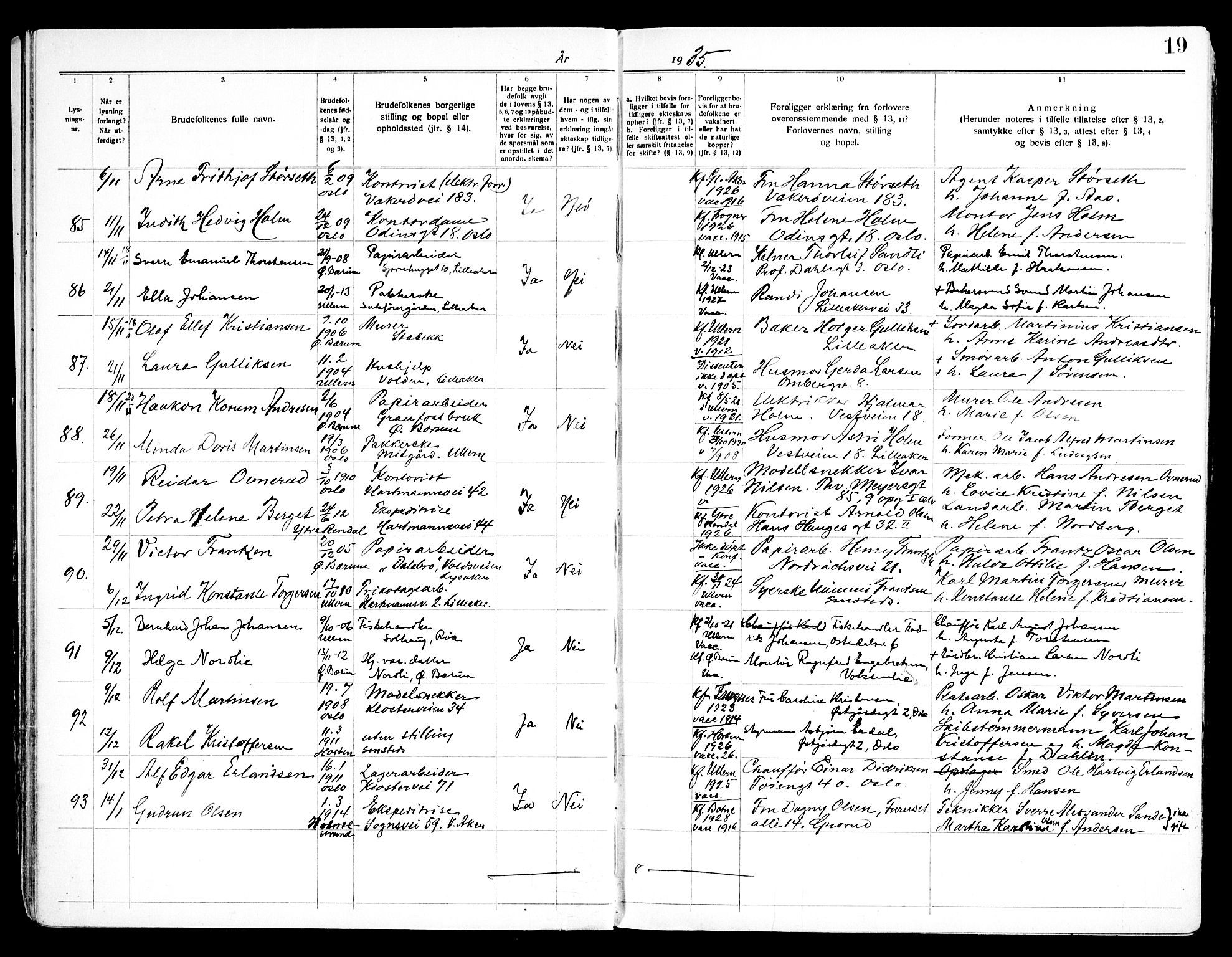 Ullern prestekontor Kirkebøker, SAO/A-10740/H/L0004: Banns register no. 4, 1933-1945, p. 19