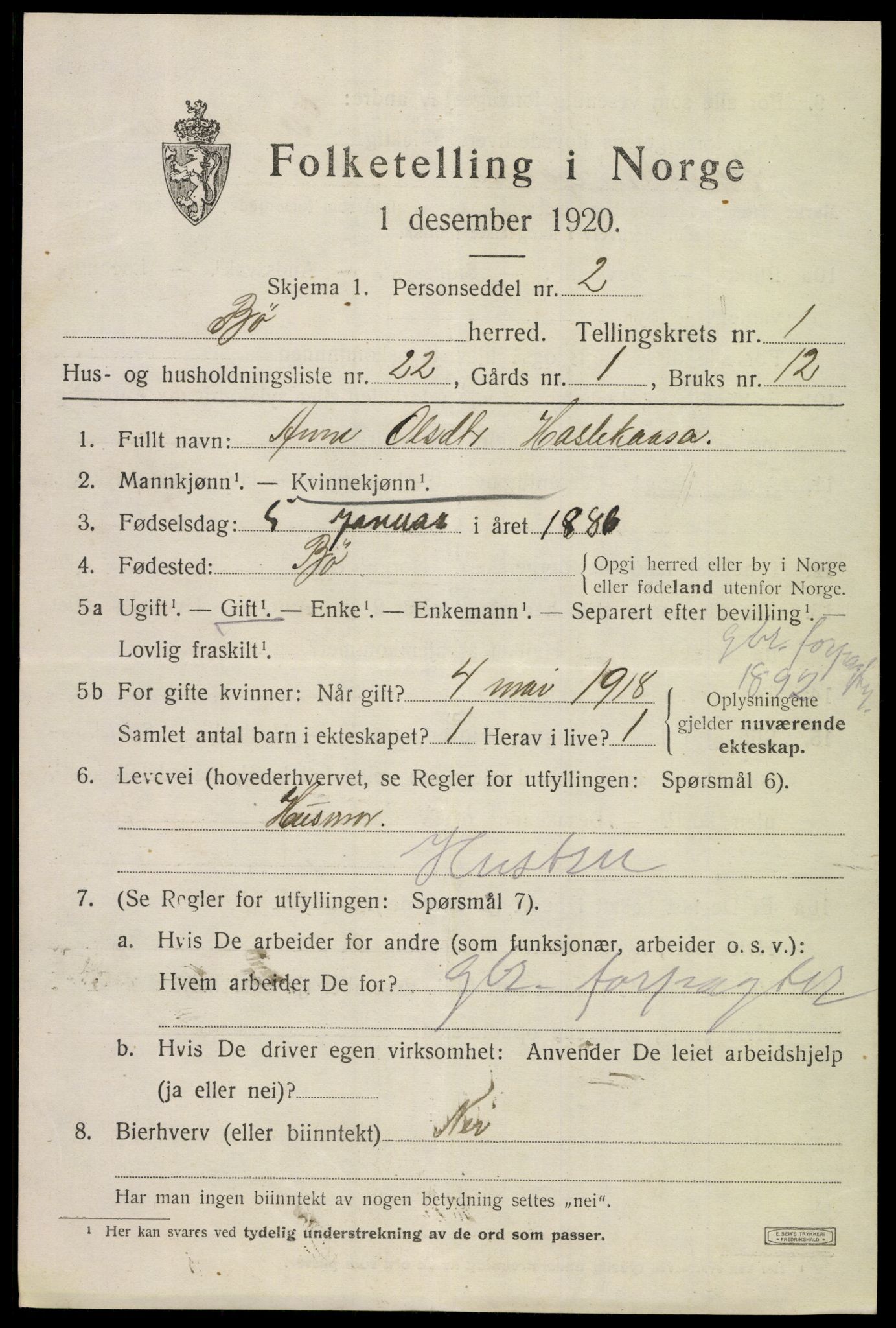 SAKO, 1920 census for Bø (Telemark), 1920, p. 1538