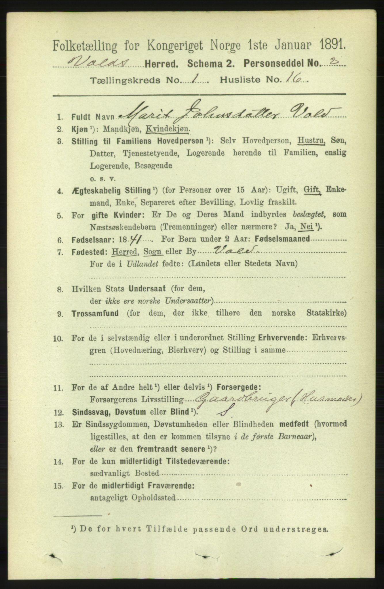 RA, 1891 census for 1537 Voll, 1891, p. 189