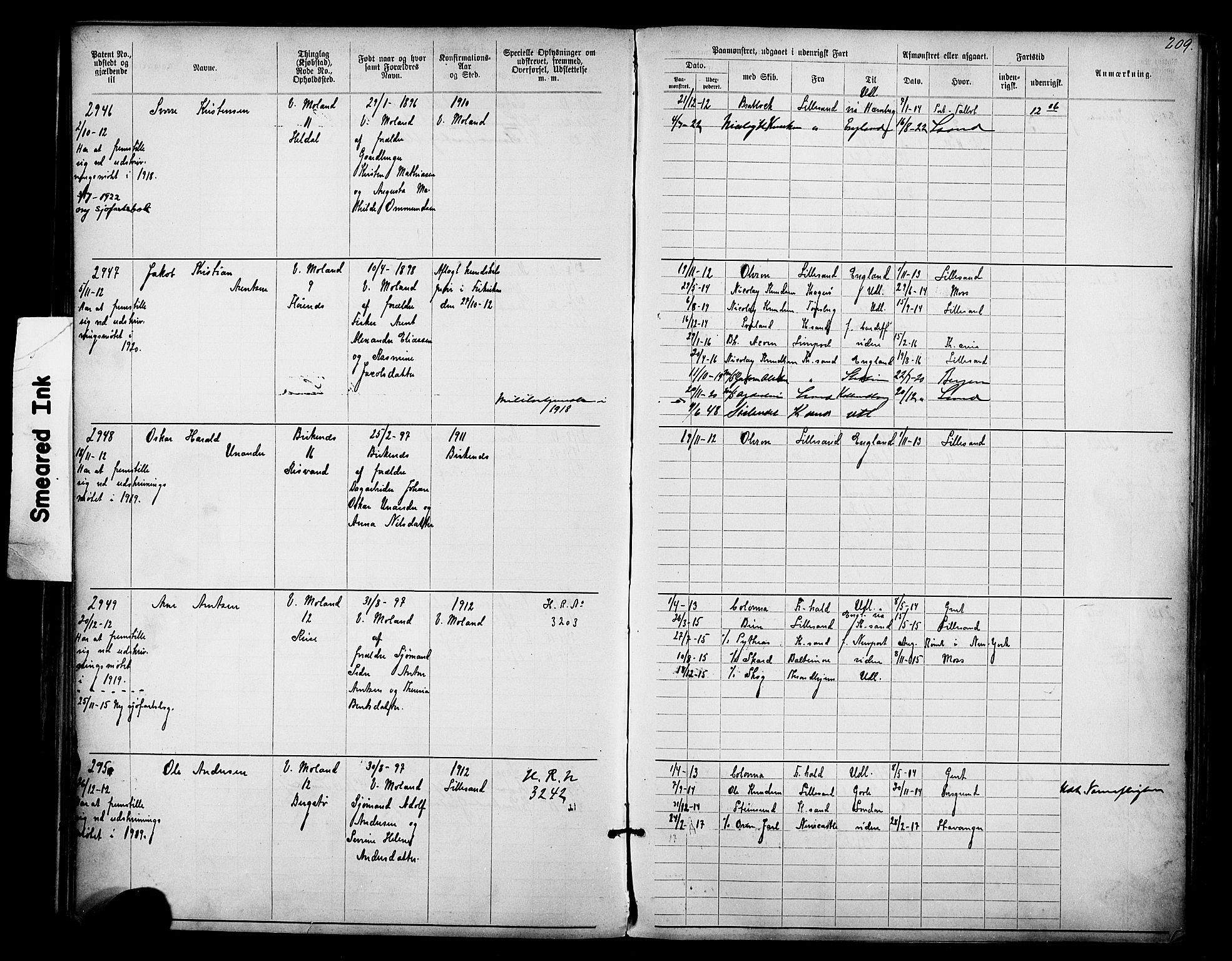 Lillesand mønstringskrets, SAK/2031-0014/F/Fa/L0003: Annotasjonsrulle nr 1911-3489 med register, W-9, 1891-1932, p. 240