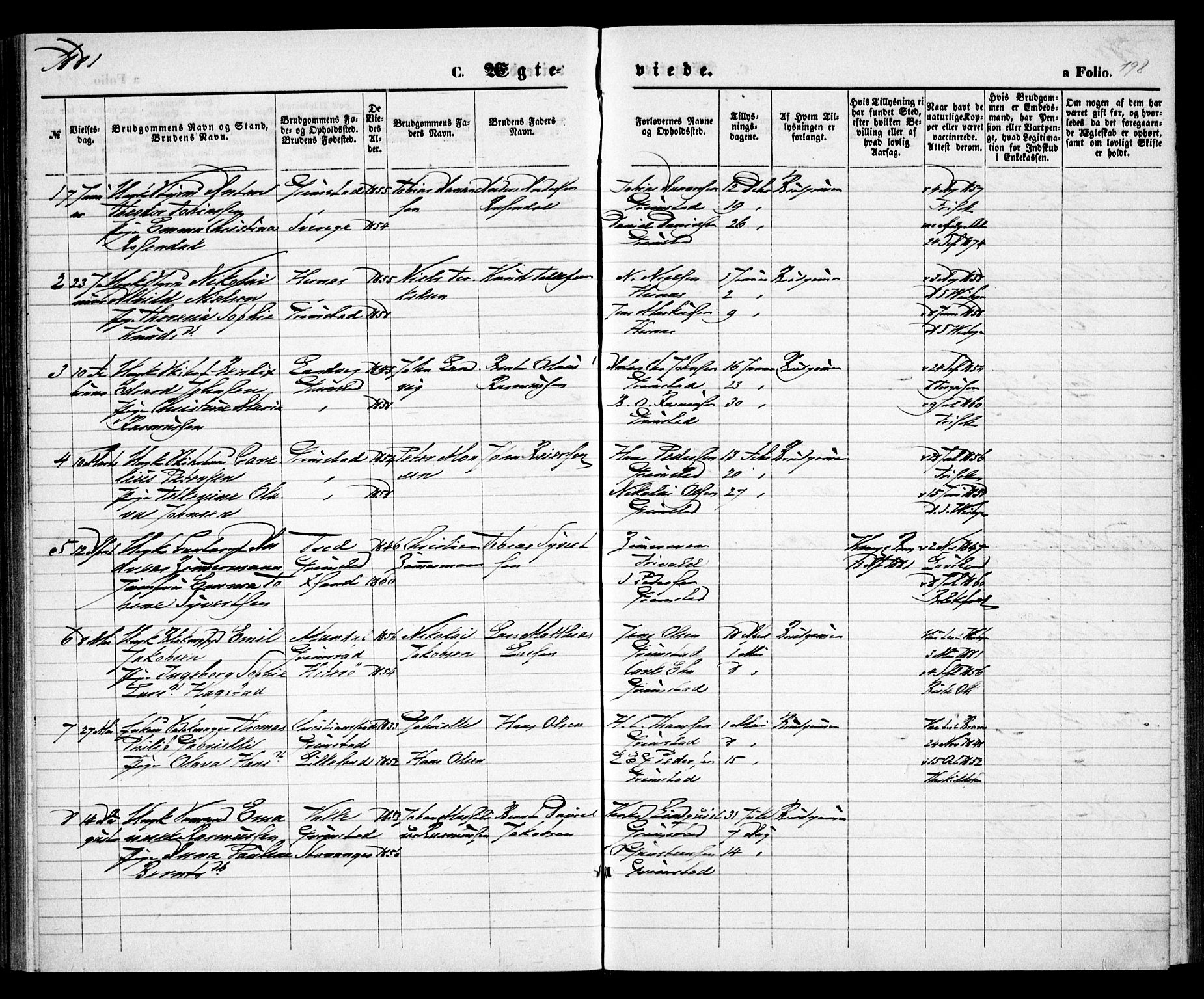 Grimstad sokneprestkontor, AV/SAK-1111-0017/F/Fa/L0002: Parish register (official) no. A 1, 1869-1881, p. 198
