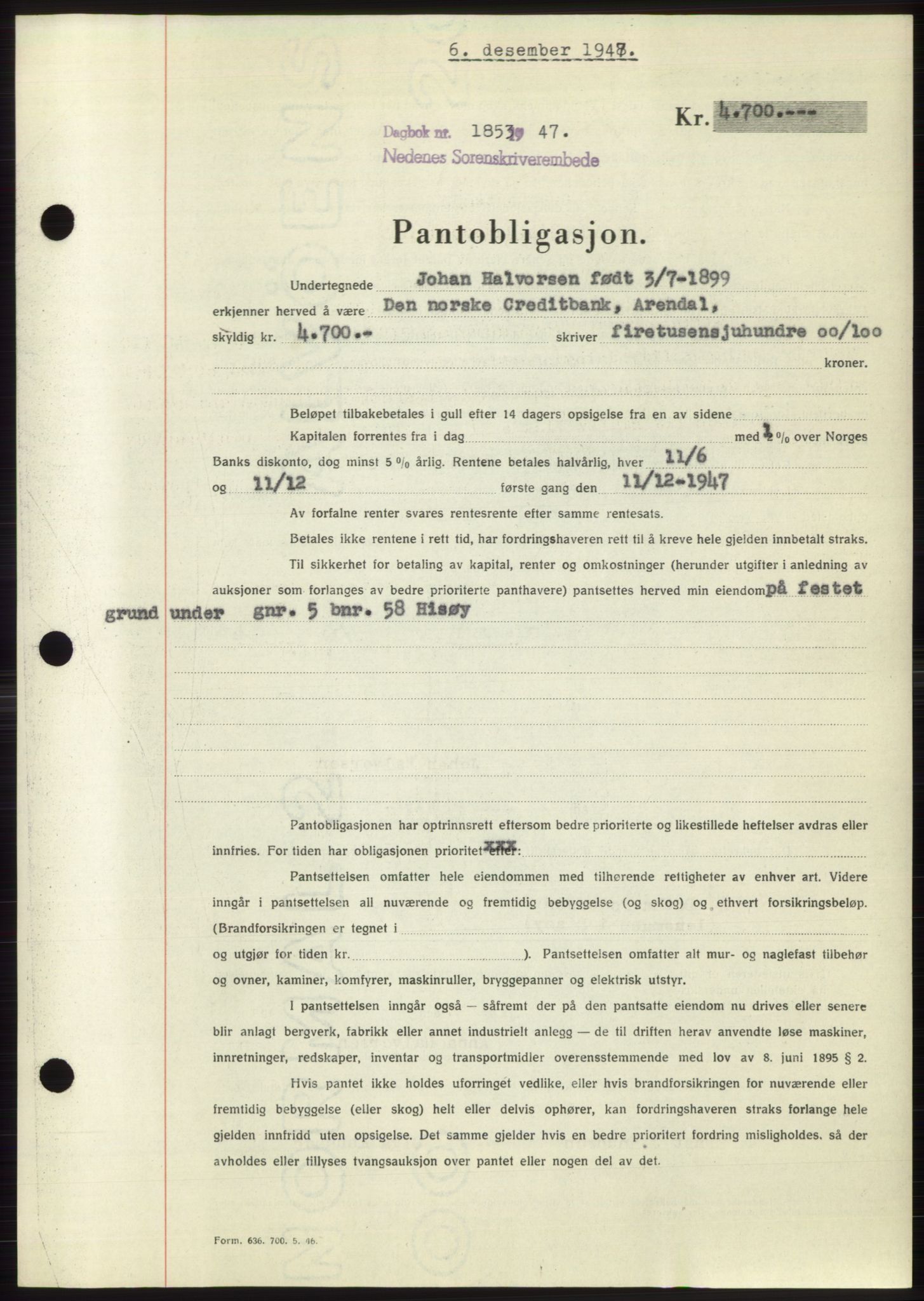 Nedenes sorenskriveri, AV/SAK-1221-0006/G/Gb/Gbb/L0004: Mortgage book no. B4, 1947-1947, Diary no: : 1853/1947