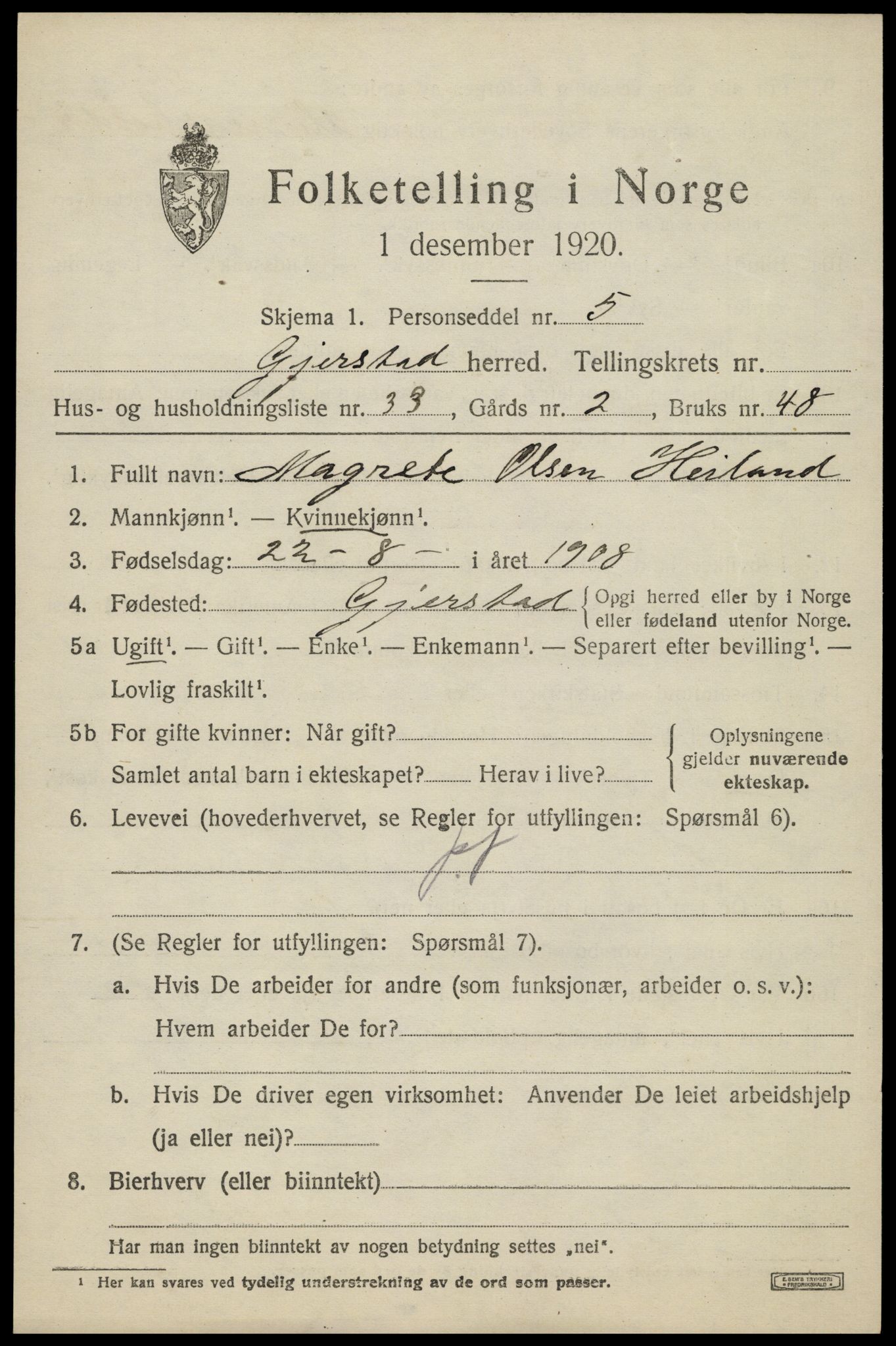 SAK, 1920 census for Gjerstad, 1920, p. 1435