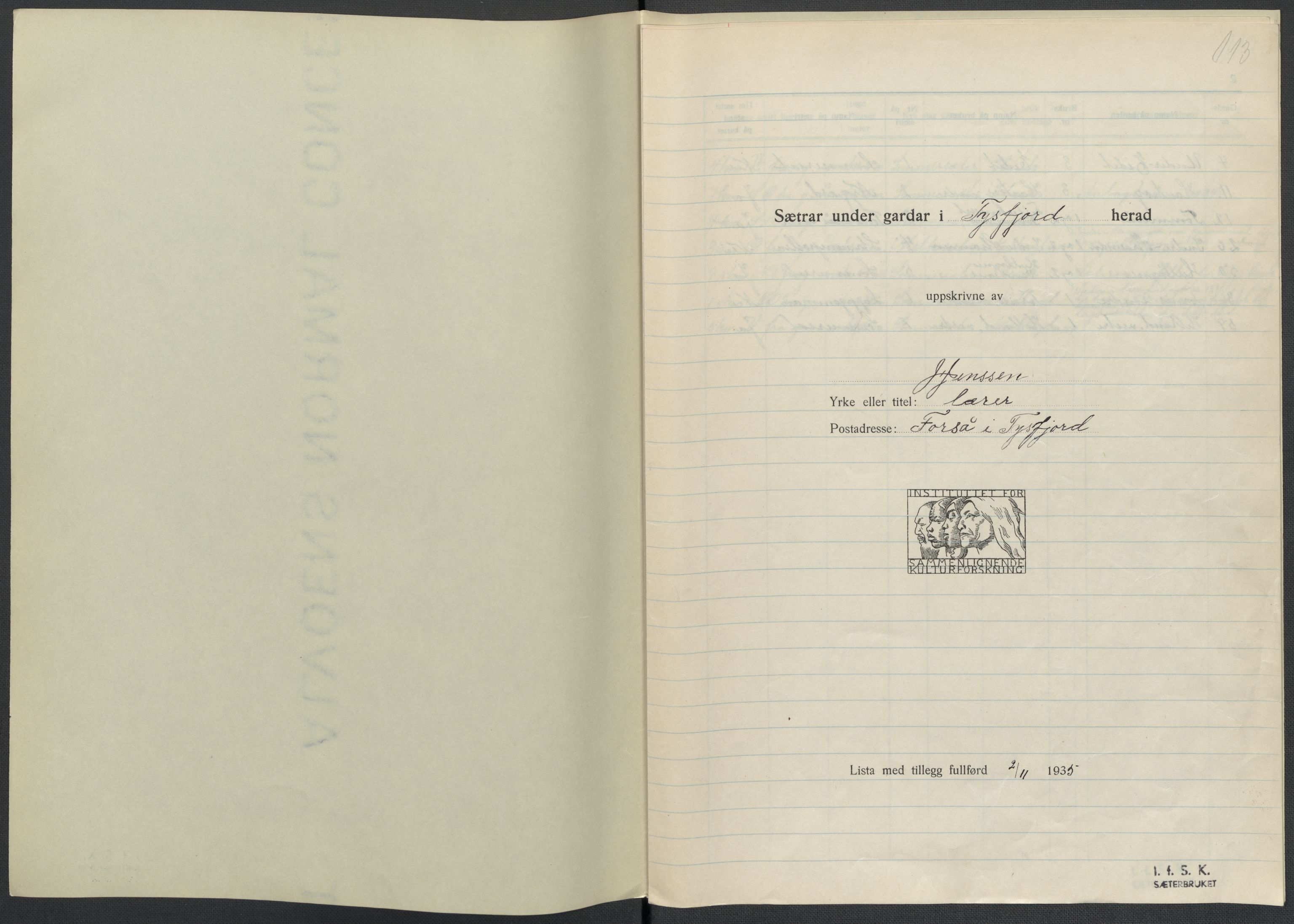 Instituttet for sammenlignende kulturforskning, AV/RA-PA-0424/F/Fc/L0016/0002: Eske B16: / Nordland (perm XLVII), 1932-1936, p. 113