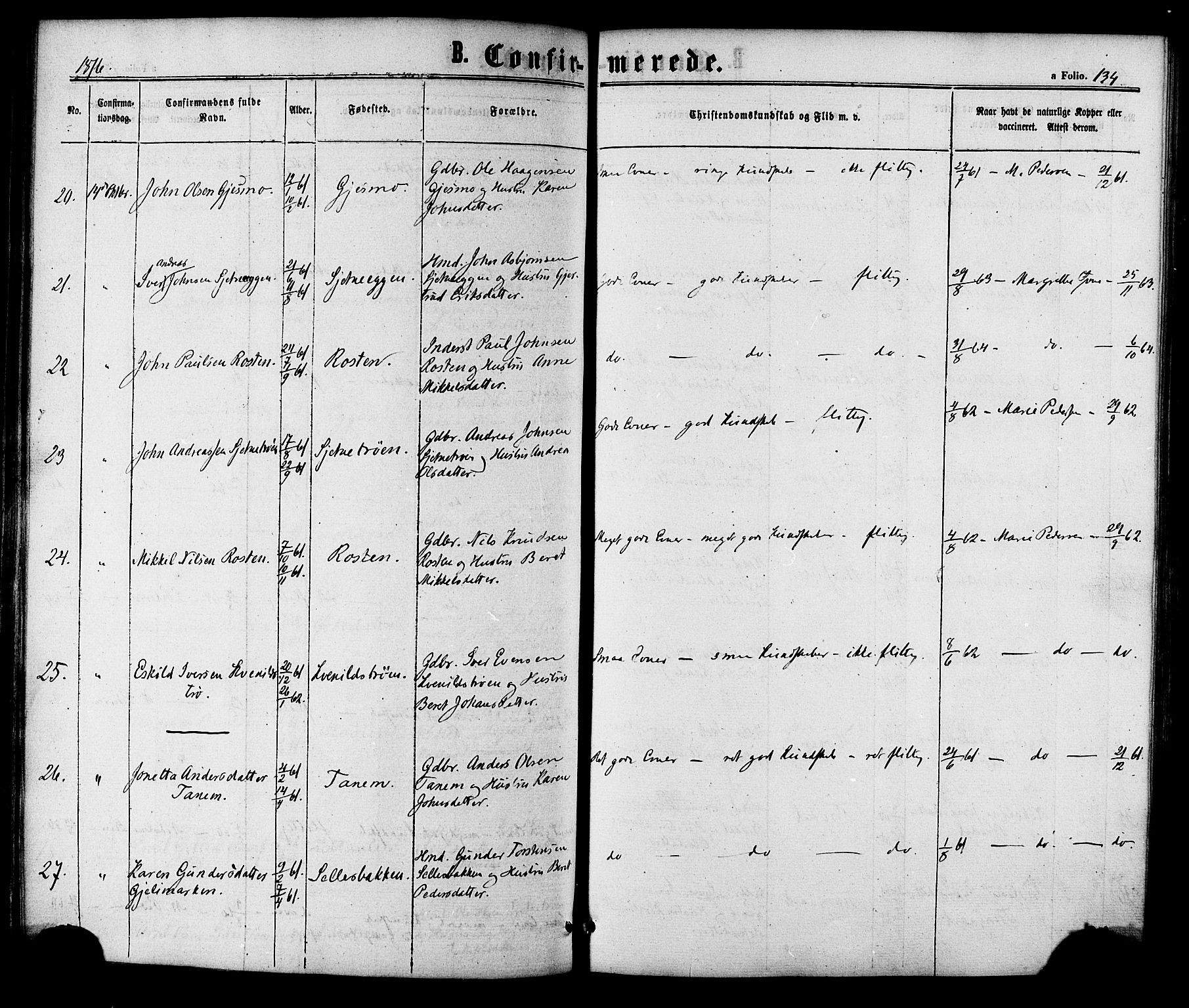 Ministerialprotokoller, klokkerbøker og fødselsregistre - Sør-Trøndelag, AV/SAT-A-1456/618/L0442: Parish register (official) no. 618A06 /1, 1863-1879, p. 134