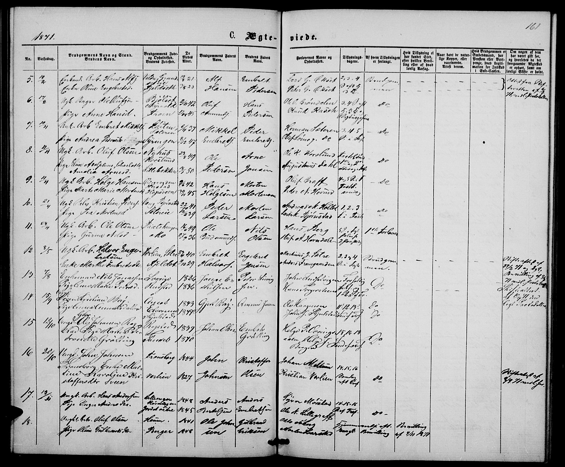 Elverum prestekontor, SAH/PREST-044/H/Ha/Hab/L0004: Parish register (copy) no. 4, 1866-1874, p. 161