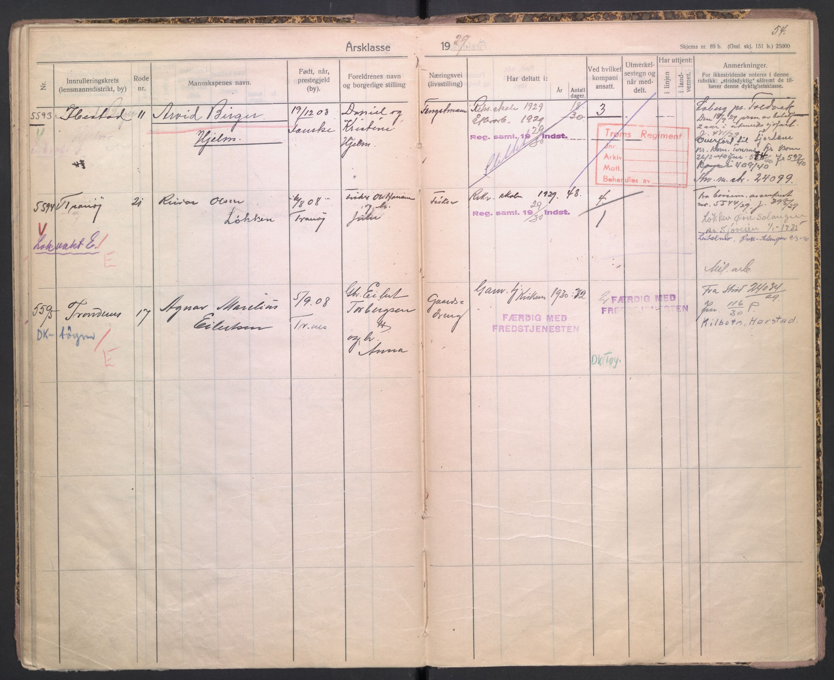 Forsvaret, Troms infanteriregiment nr. 16, AV/RA-RAFA-3146/P/Pa/L0004/0009: Ruller / Rulle for Trondenes bataljons menige mannskaper, årsklasse 1929, 1929, p. 54