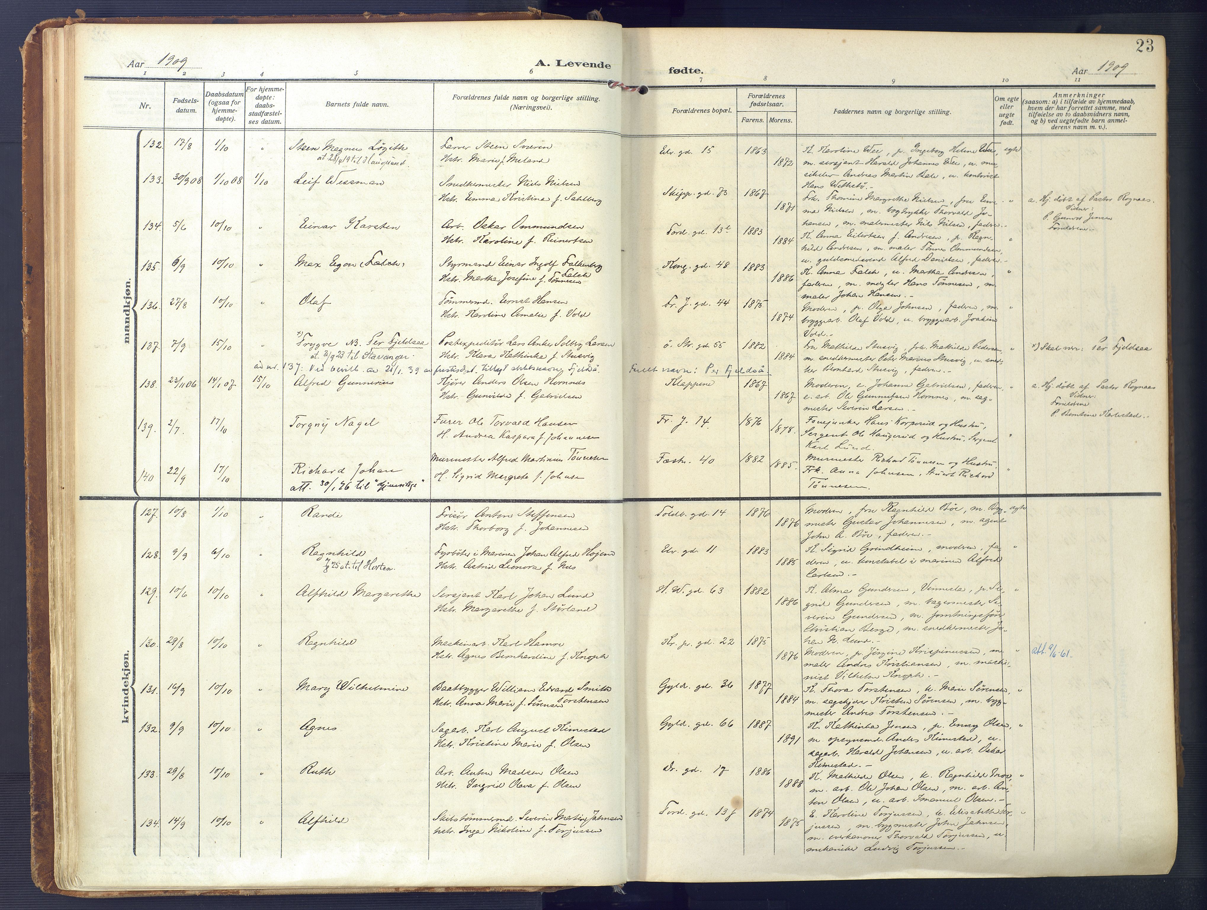 Kristiansand domprosti, AV/SAK-1112-0006/F/Fa/L0023: Parish register (official) no. A 22, 1909-1917, p. 23