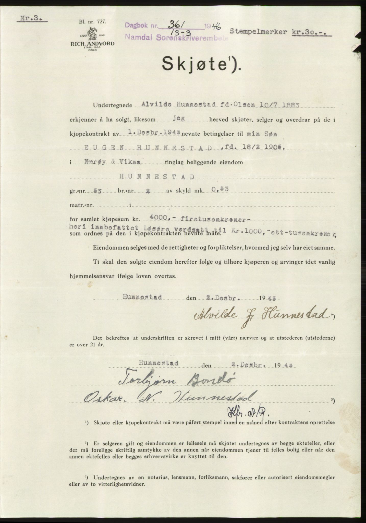 Namdal sorenskriveri, AV/SAT-A-4133/1/2/2C: Mortgage book no. -, 1946-1946, Diary no: : 361/1946