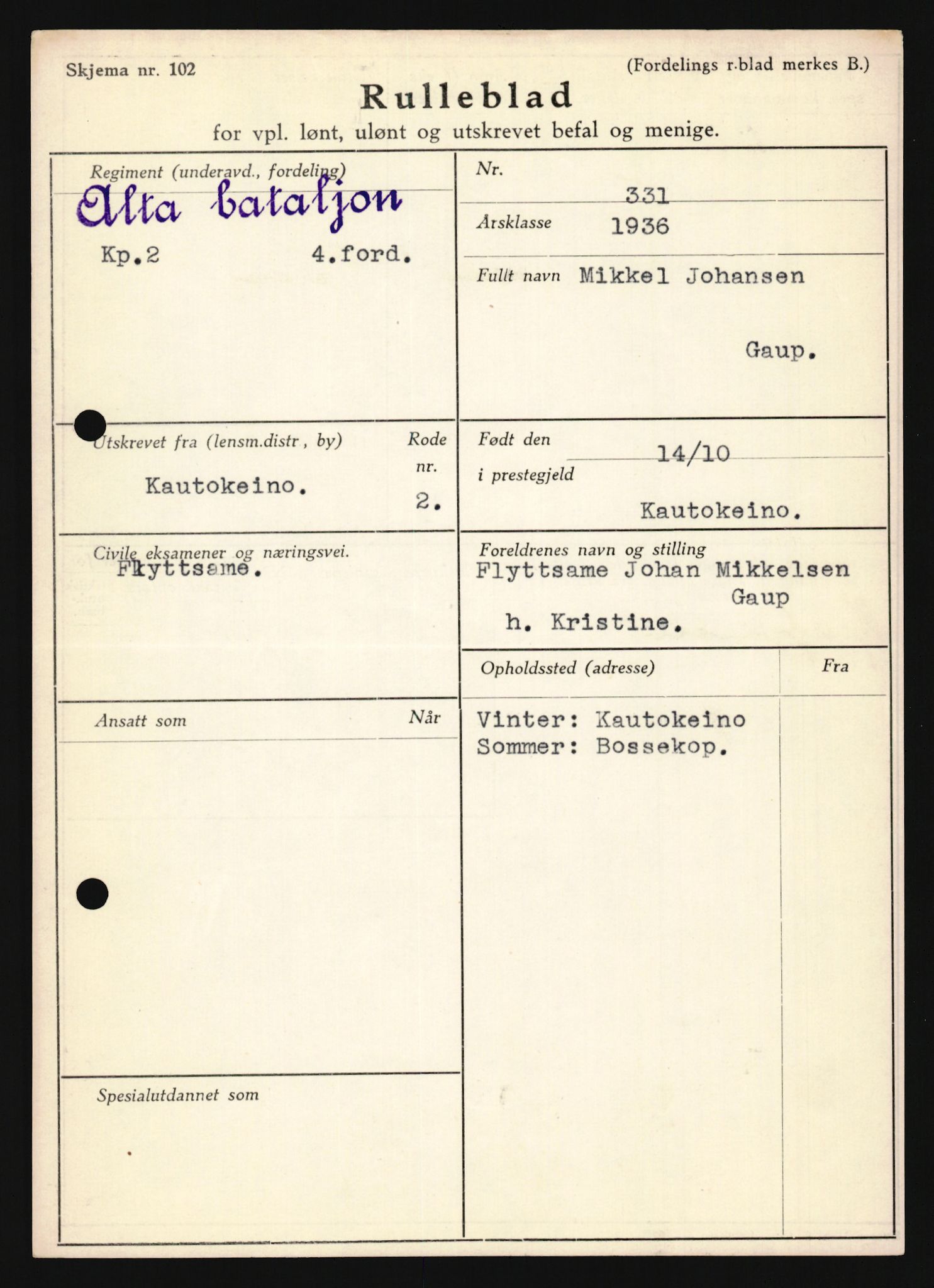 Forsvaret, Troms infanteriregiment nr. 16, AV/RA-RAFA-3146/P/Pa/L0020: Rulleblad for regimentets menige mannskaper, årsklasse 1936, 1936, p. 273