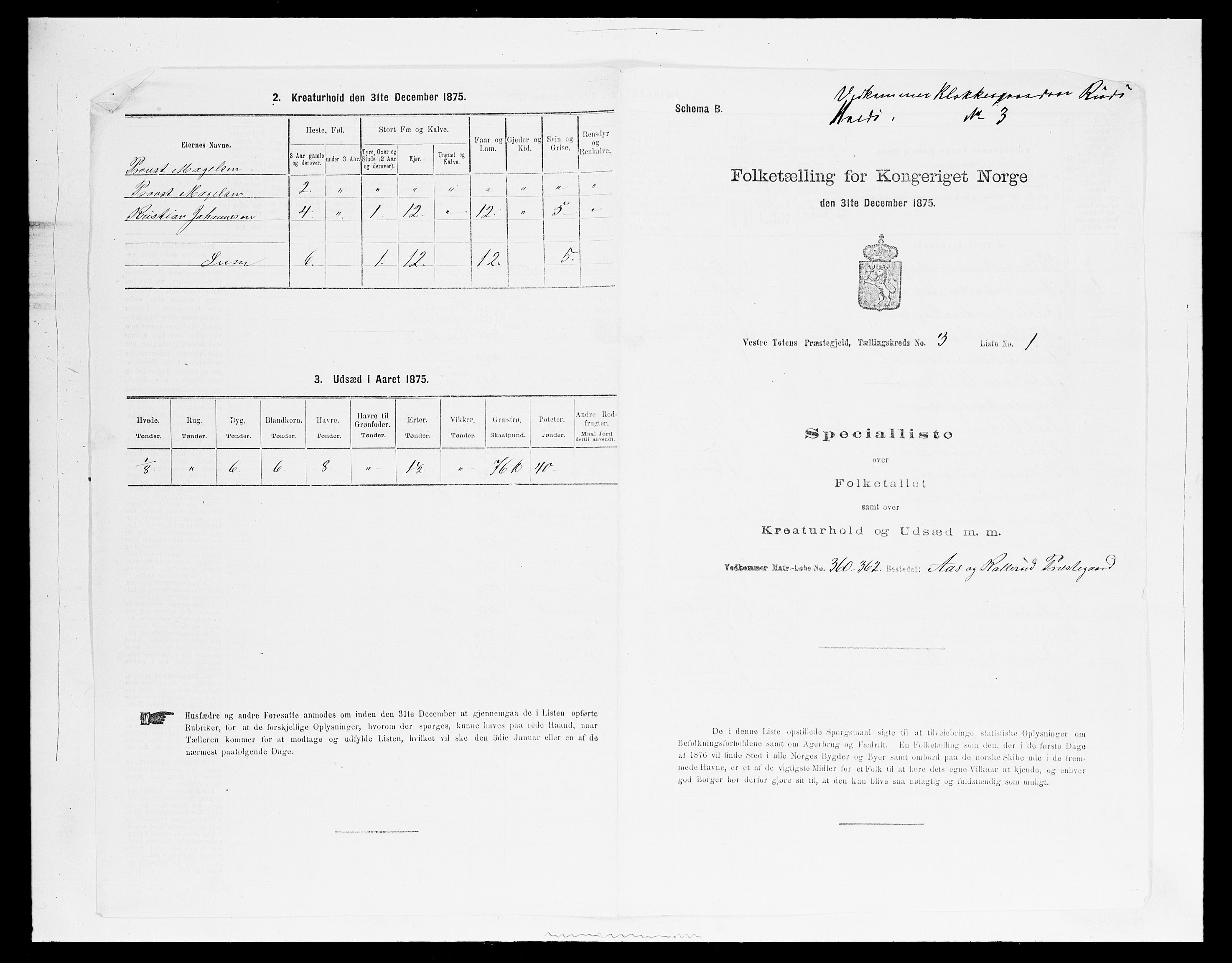 SAH, 1875 census for 0529P Vestre Toten, 1875, p. 581