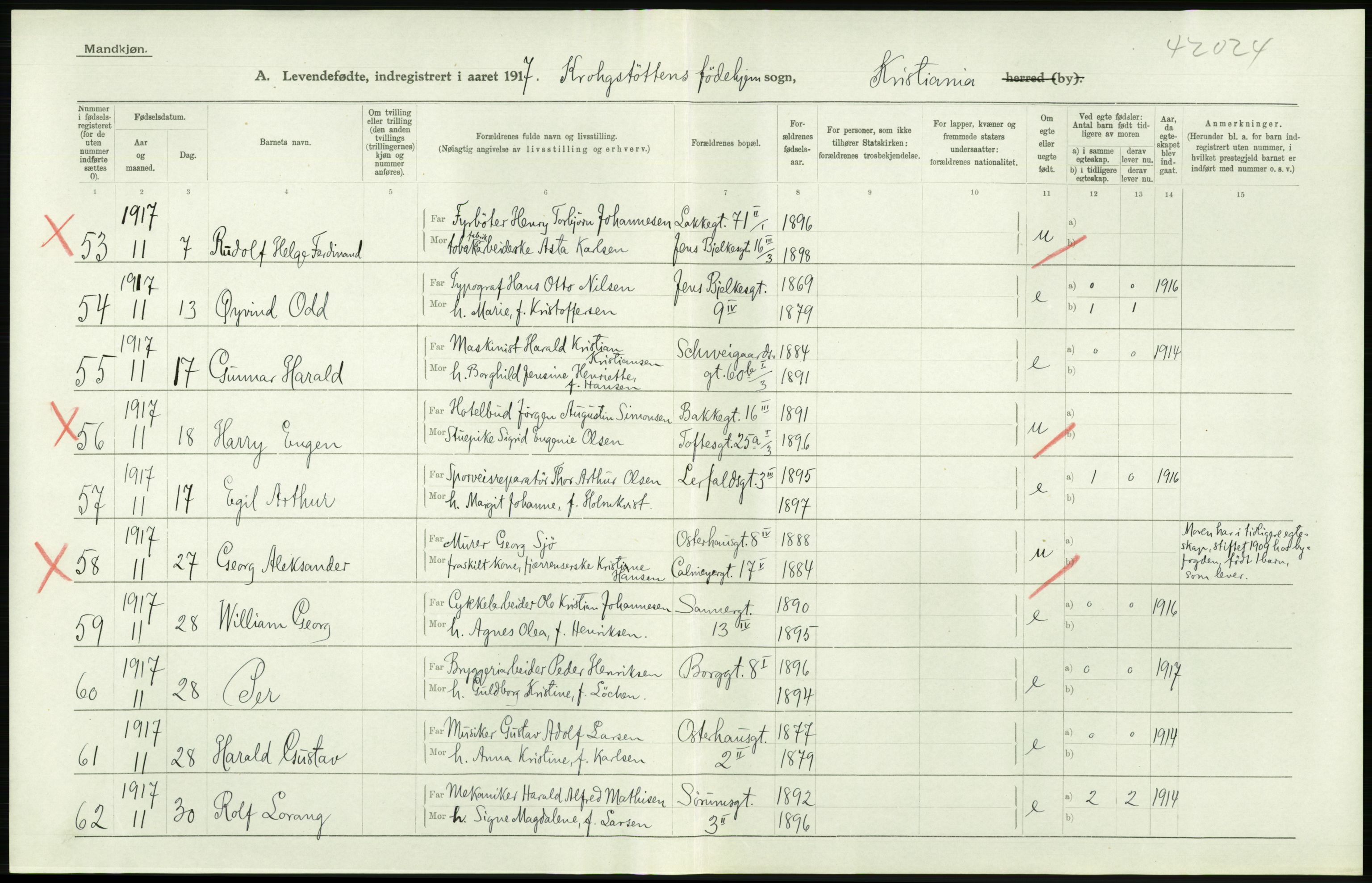 Statistisk sentralbyrå, Sosiodemografiske emner, Befolkning, AV/RA-S-2228/D/Df/Dfb/Dfbg/L0007: Kristiania: Levendefødte menn og kvinner., 1917, p. 820