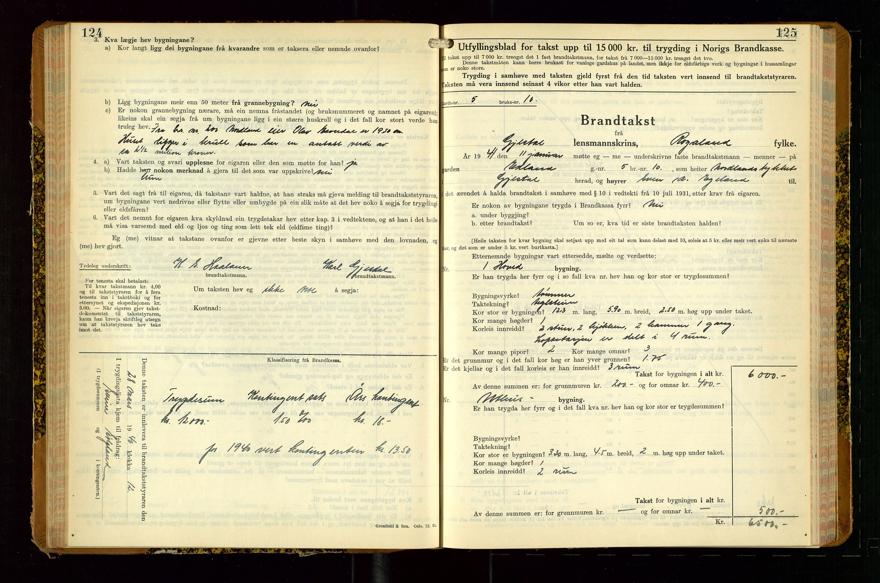 Gjesdal lensmannskontor, AV/SAST-A-100441/Go/L0008: Branntakstskjemaprotokoll, 1937-1955, p. 124-125