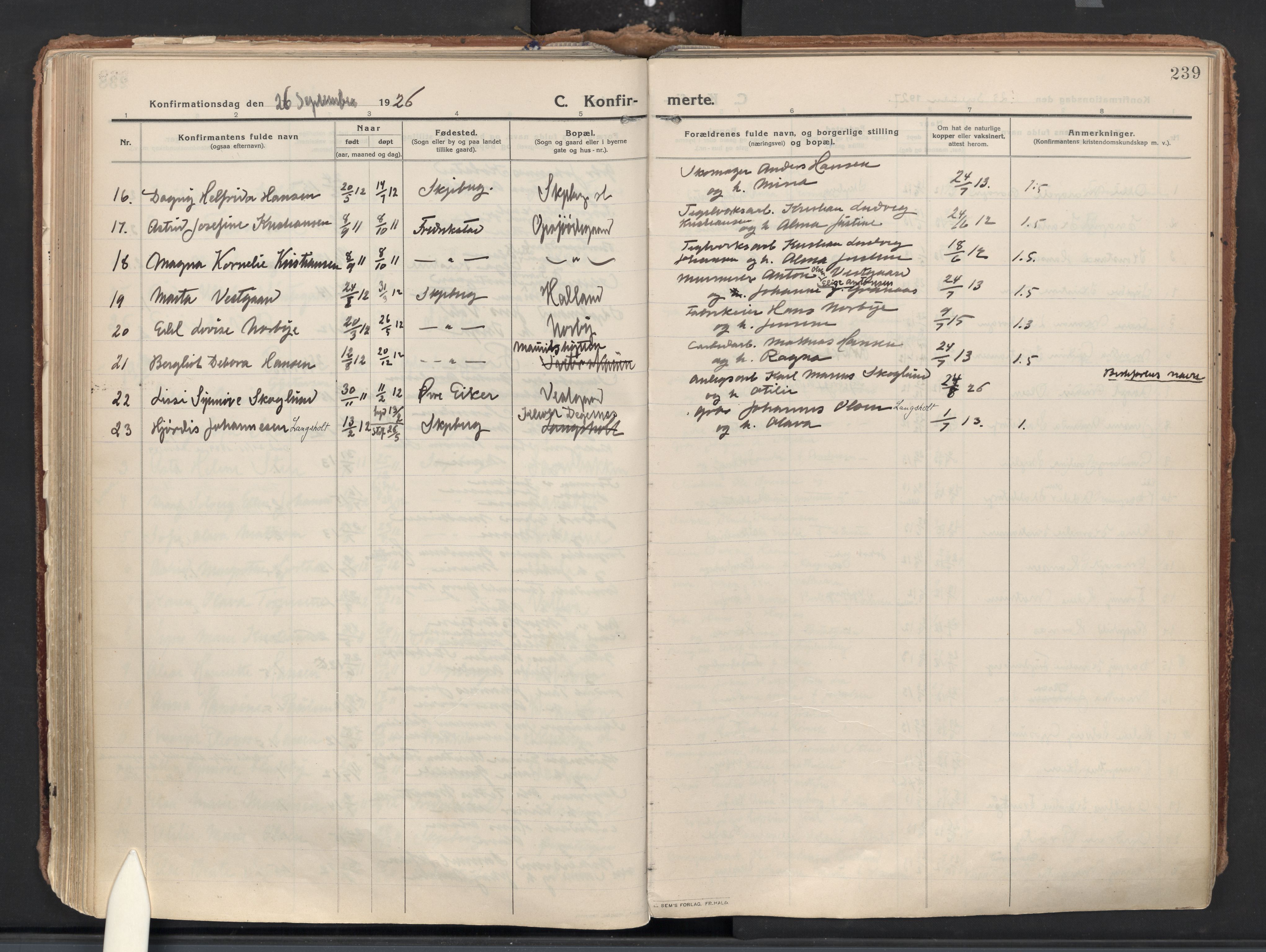 Skjeberg prestekontor Kirkebøker, AV/SAO-A-10923/F/Fa/L0011: Parish register (official) no. I 11, 1912-1939, p. 239