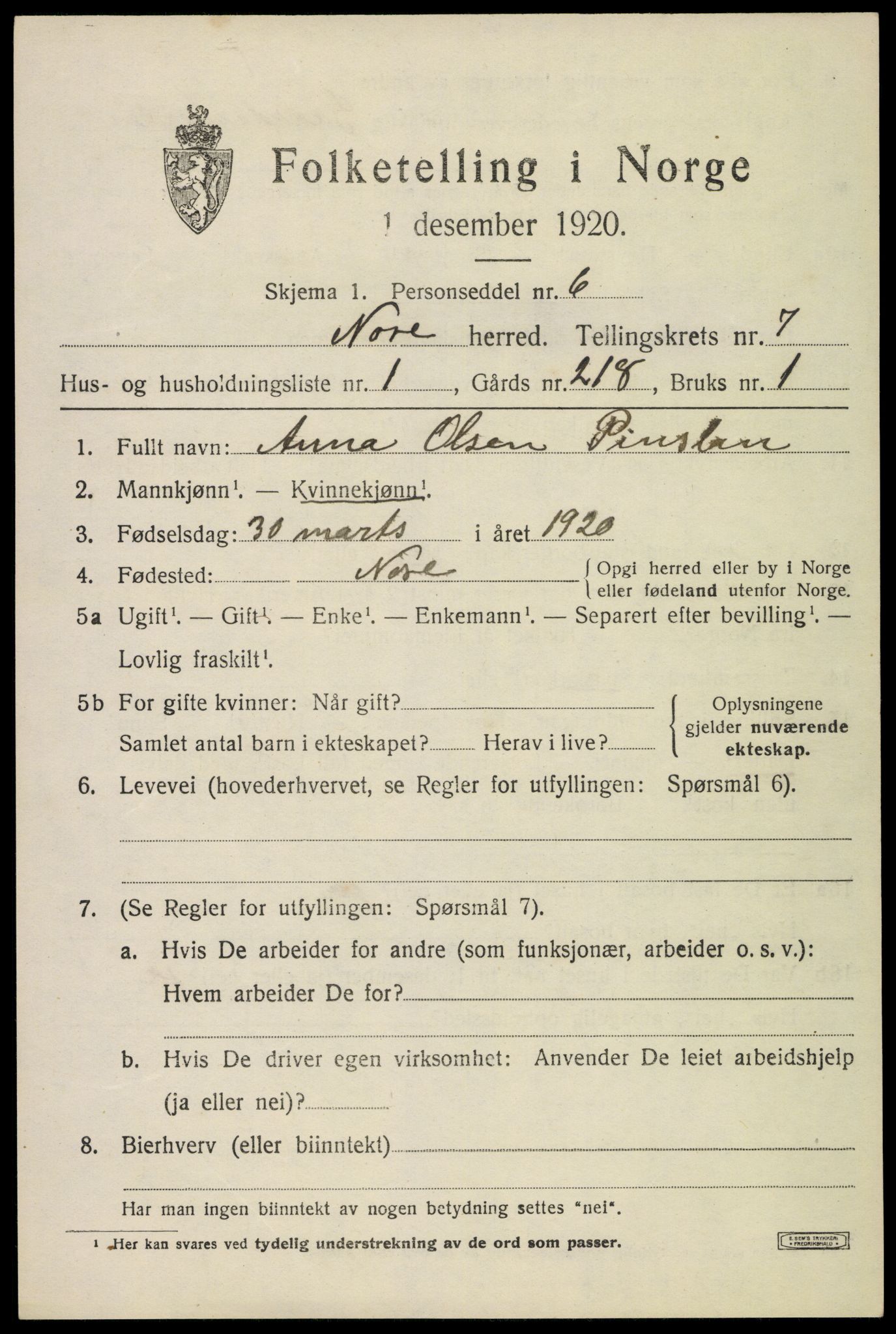 SAKO, 1920 census for Nore, 1920, p. 3058