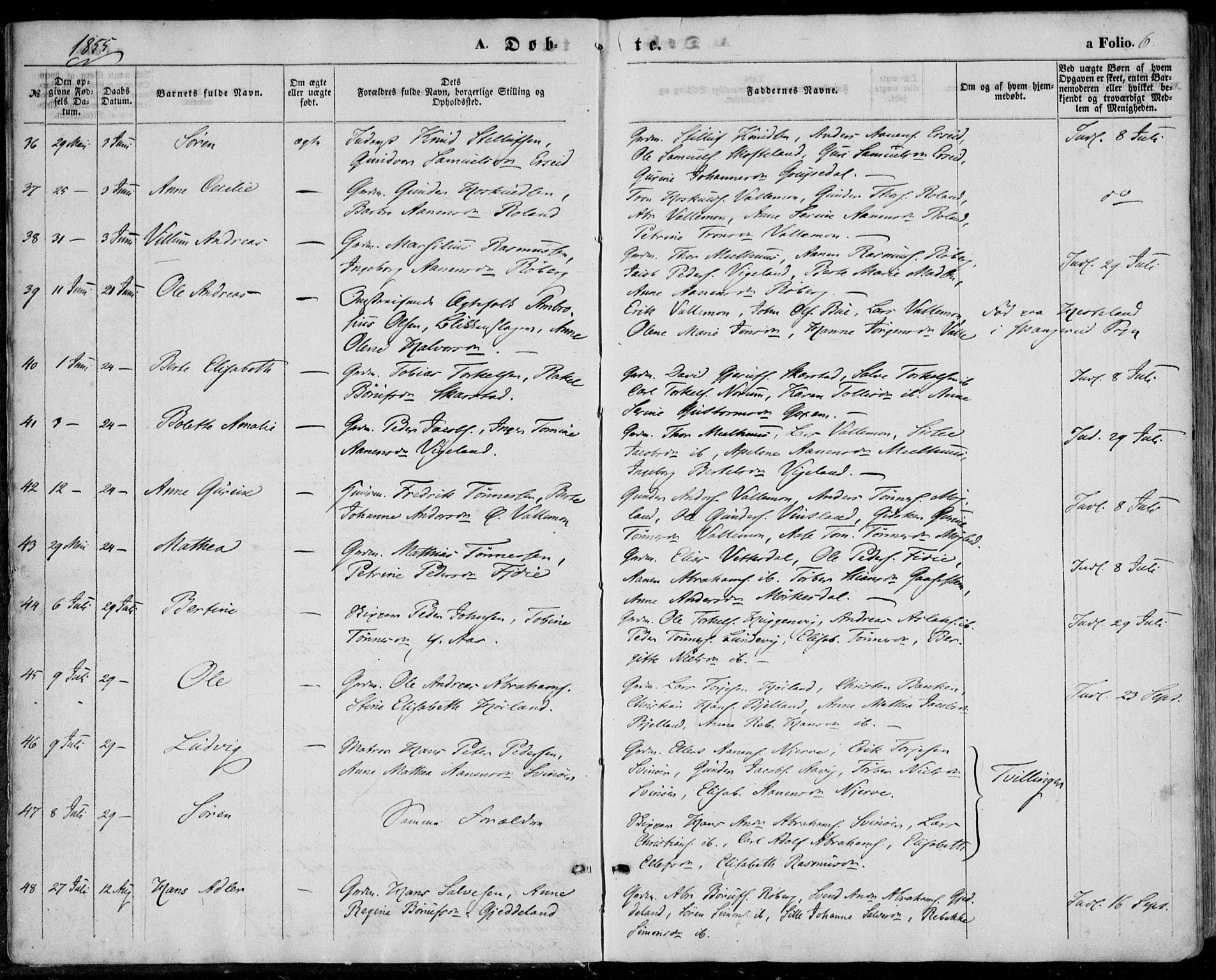 Sør-Audnedal sokneprestkontor, AV/SAK-1111-0039/F/Fa/Fab/L0007: Parish register (official) no. A 7, 1855-1876, p. 6