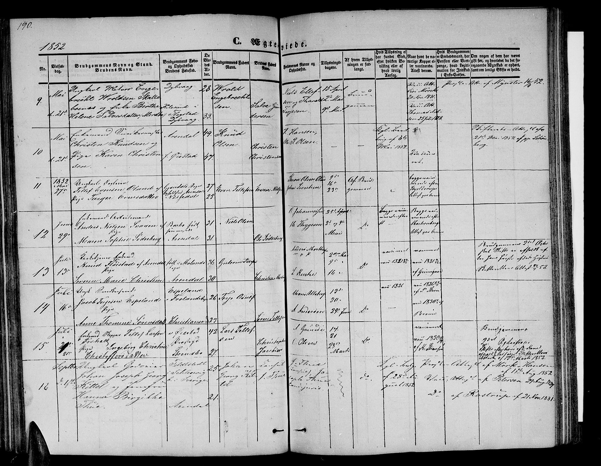 Arendal sokneprestkontor, Trefoldighet, SAK/1111-0040/F/Fb/L0002: Parish register (copy) no. B 2, 1838-1860, p. 190