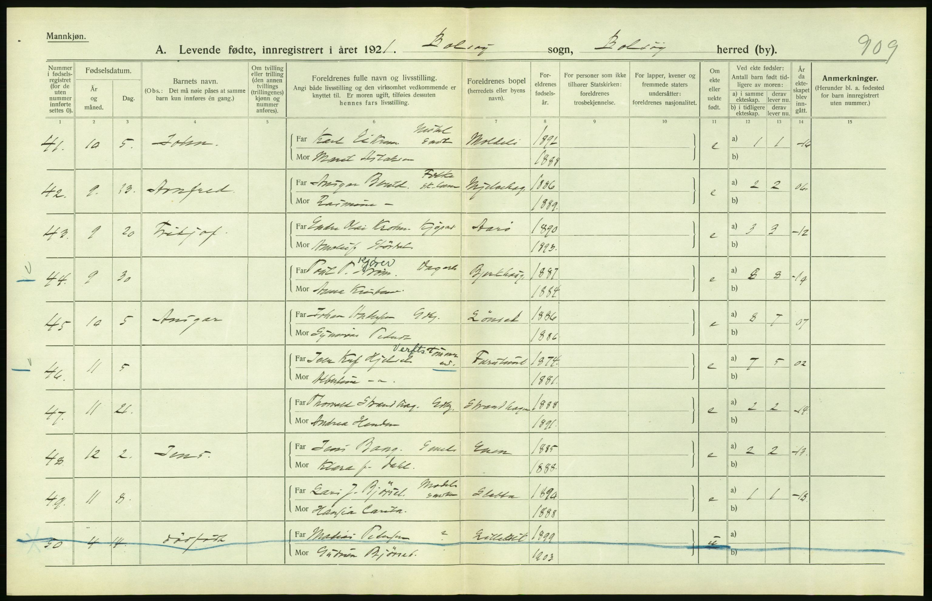 Statistisk sentralbyrå, Sosiodemografiske emner, Befolkning, RA/S-2228/D/Df/Dfc/Dfca/L0040: Møre fylke: Levendefødte menn og kvinner. Bygder., 1921, p. 386