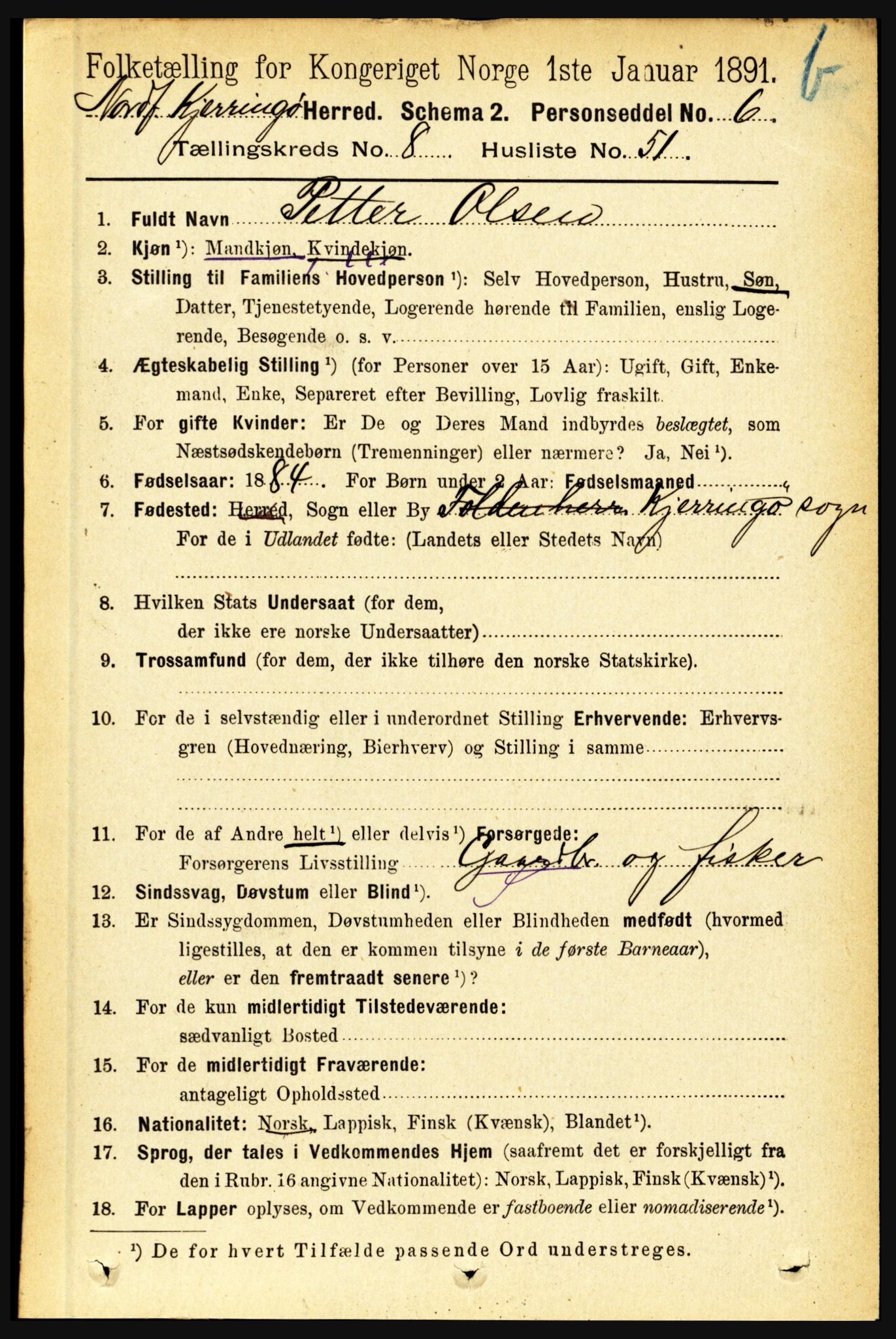 RA, 1891 census for 1846 Nordfold-Kjerringøy, 1891, p. 2250