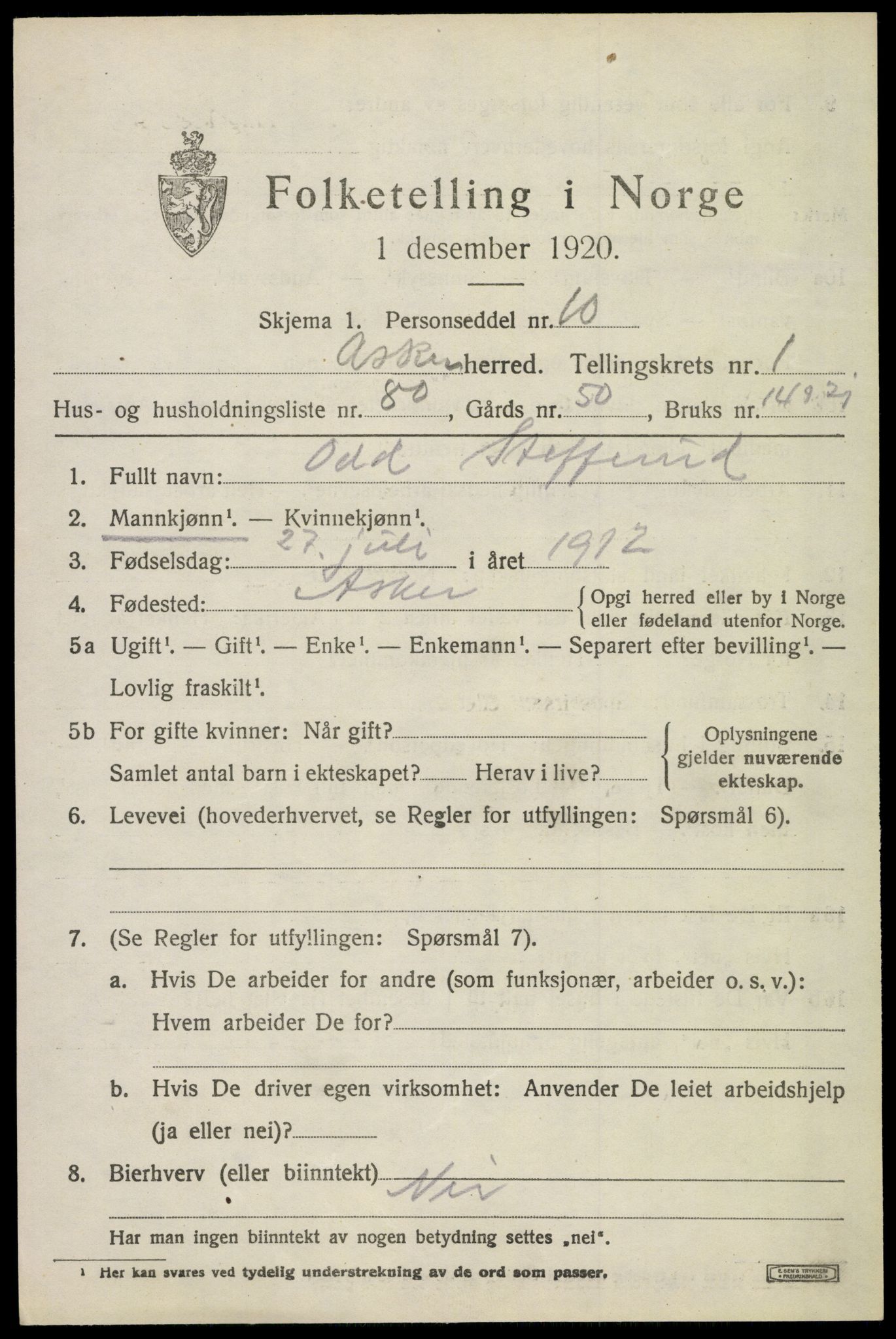 SAO, 1920 census for Asker, 1920, p. 3530