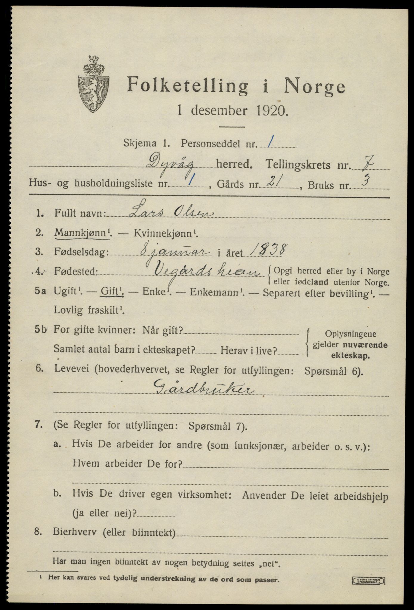 SAK, 1920 census for Dypvåg, 1920, p. 5733