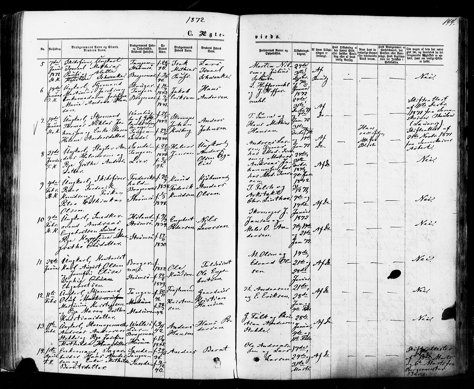 Strømsø kirkebøker, SAKO/A-246/F/Fa/L0018: Parish register (official) no. I 18, 1865-1878, p. 144