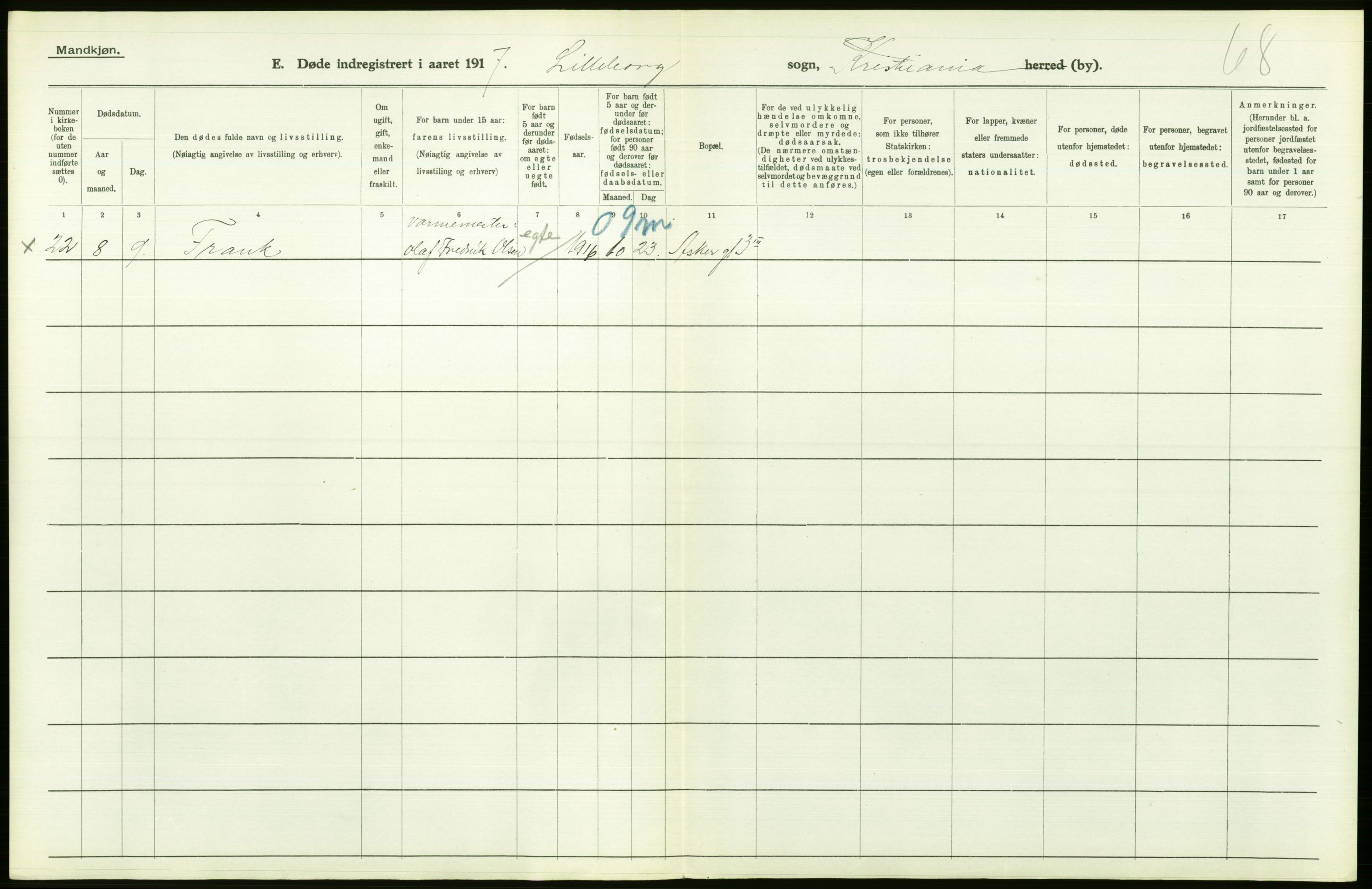 Statistisk sentralbyrå, Sosiodemografiske emner, Befolkning, AV/RA-S-2228/D/Df/Dfb/Dfbg/L0010: Kristiania: Døde, 1917, p. 616