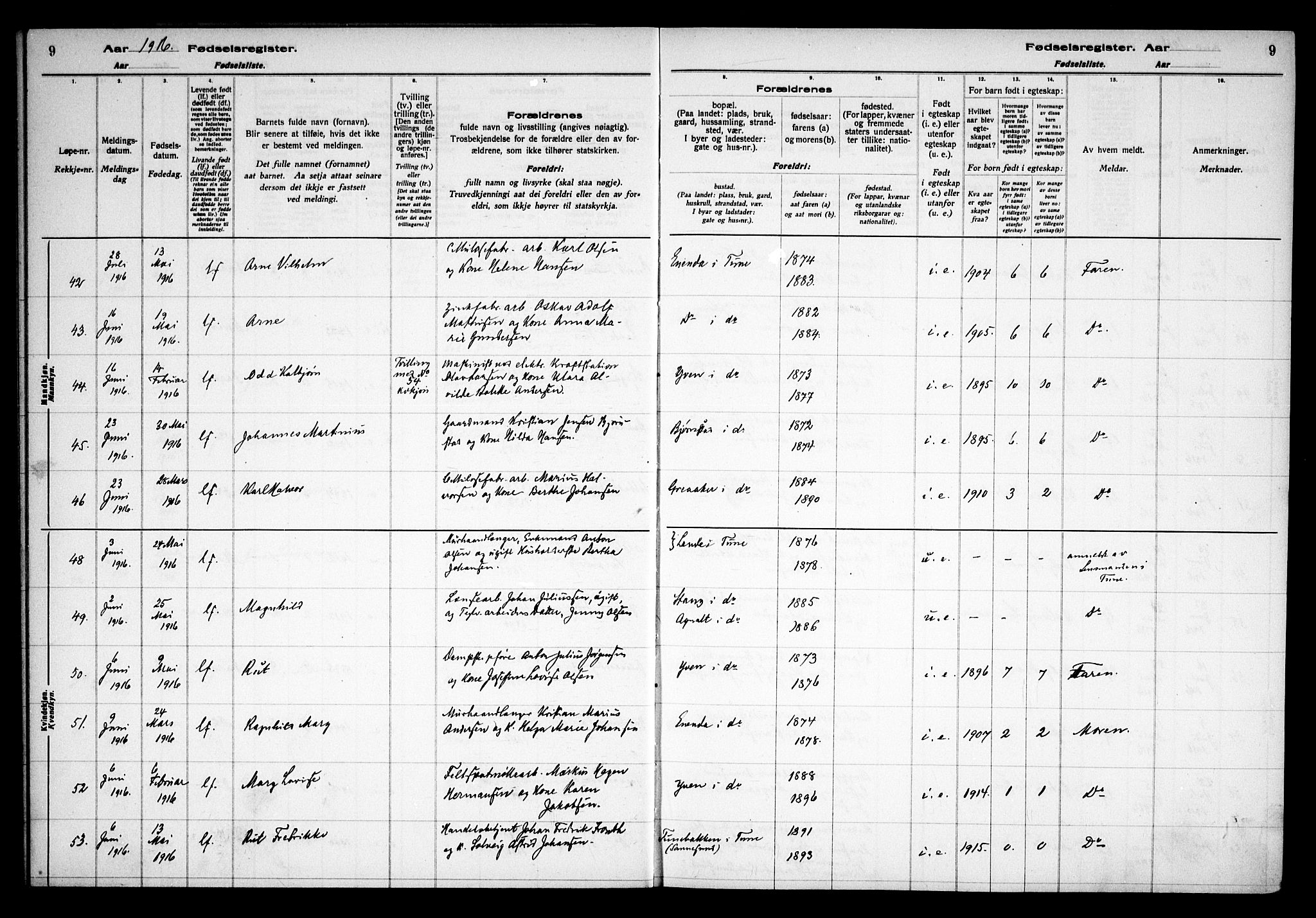 Tune prestekontor Kirkebøker, AV/SAO-A-2007/J/Ja/L0001: Birth register no. I 1, 1916-1928, p. 9