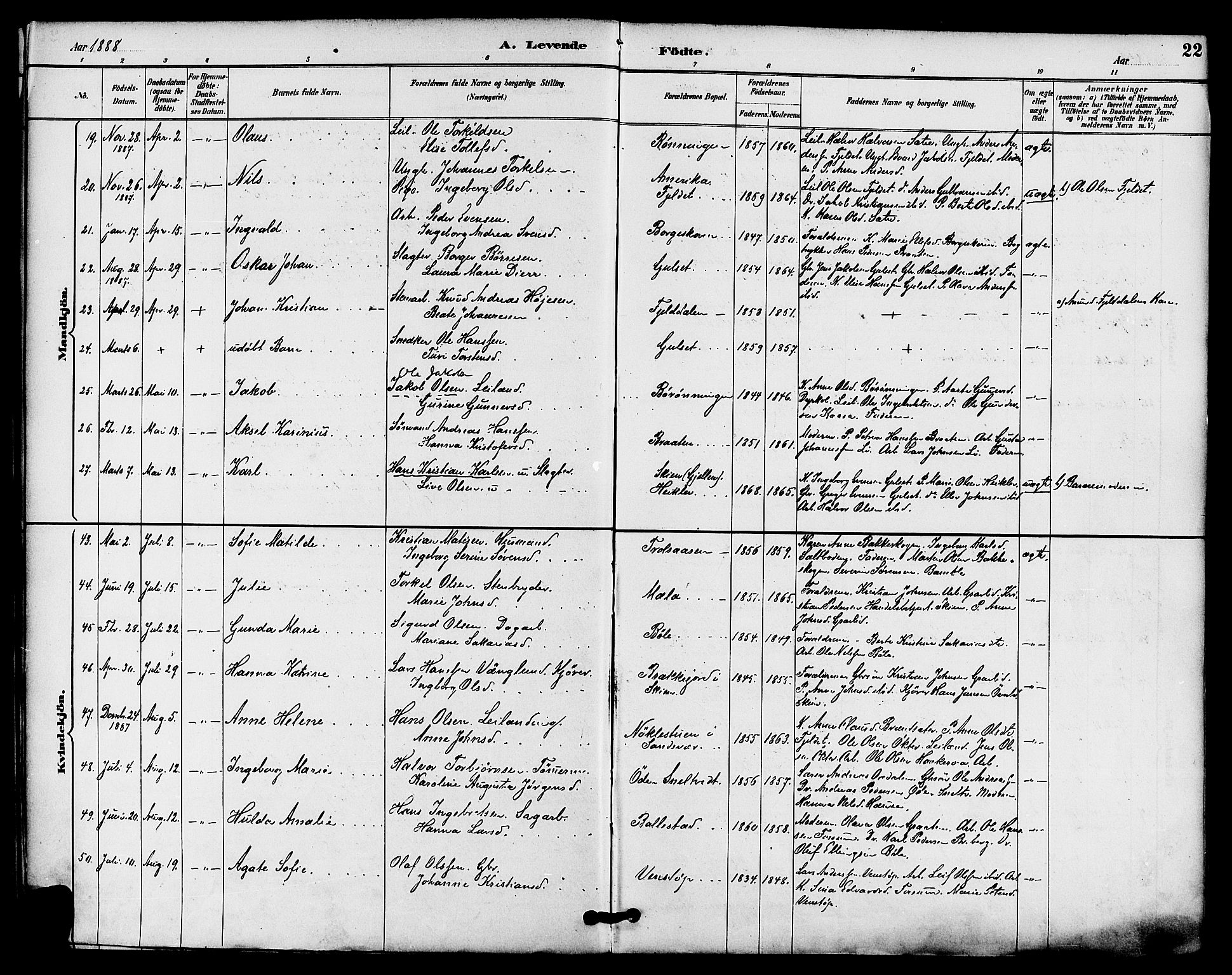 Gjerpen kirkebøker, SAKO/A-265/F/Fa/L0010: Parish register (official) no. I 10, 1886-1895, p. 22