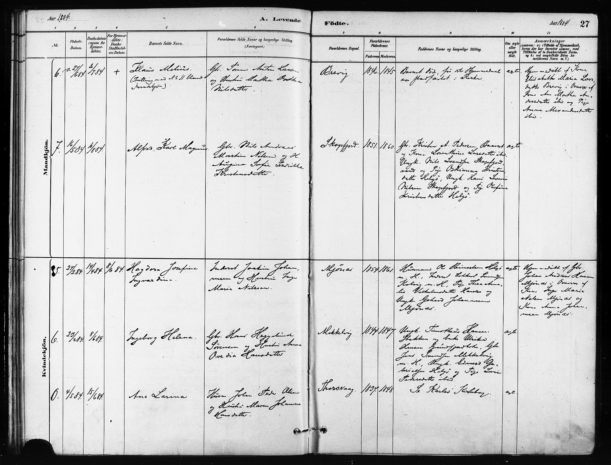 Karlsøy sokneprestembete, AV/SATØ-S-1299/H/Ha/Haa/L0011kirke: Parish register (official) no. 11, 1879-1892, p. 27